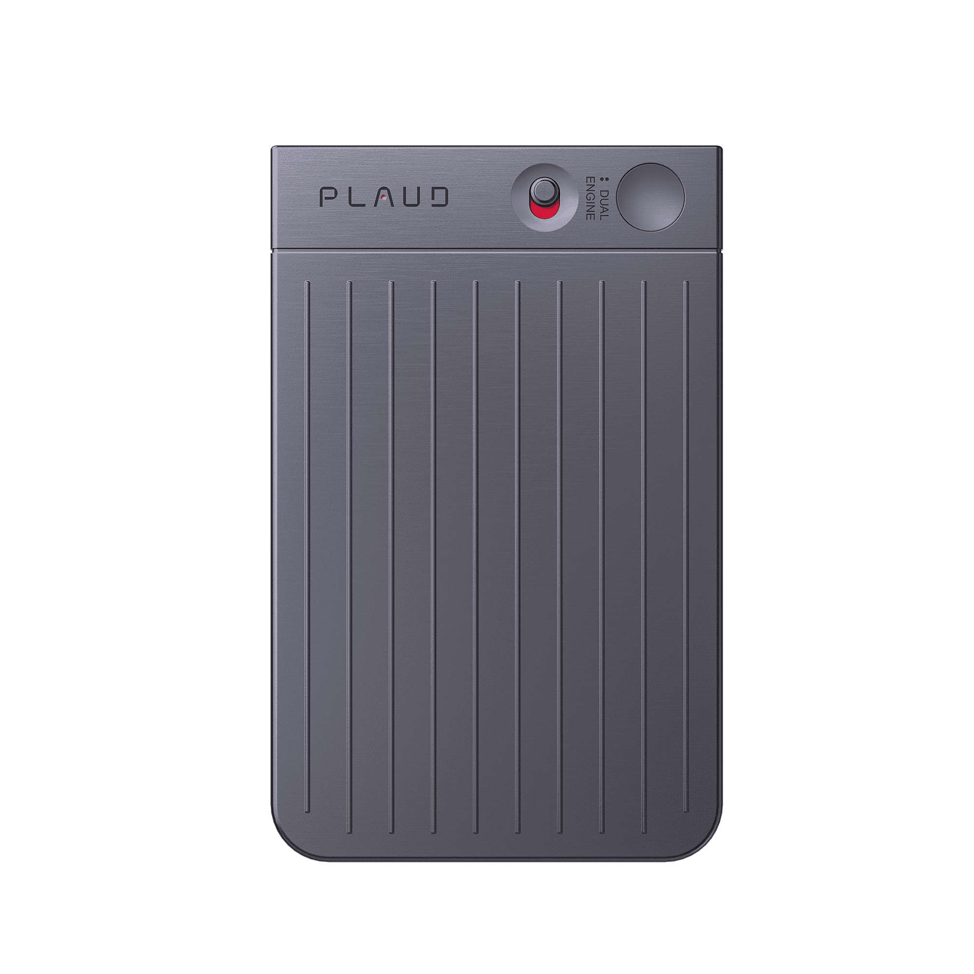Front view of the slim, grey PLAUD NOTE AI voice recorder featuring vertical ridges and a dual-engine recording switch.