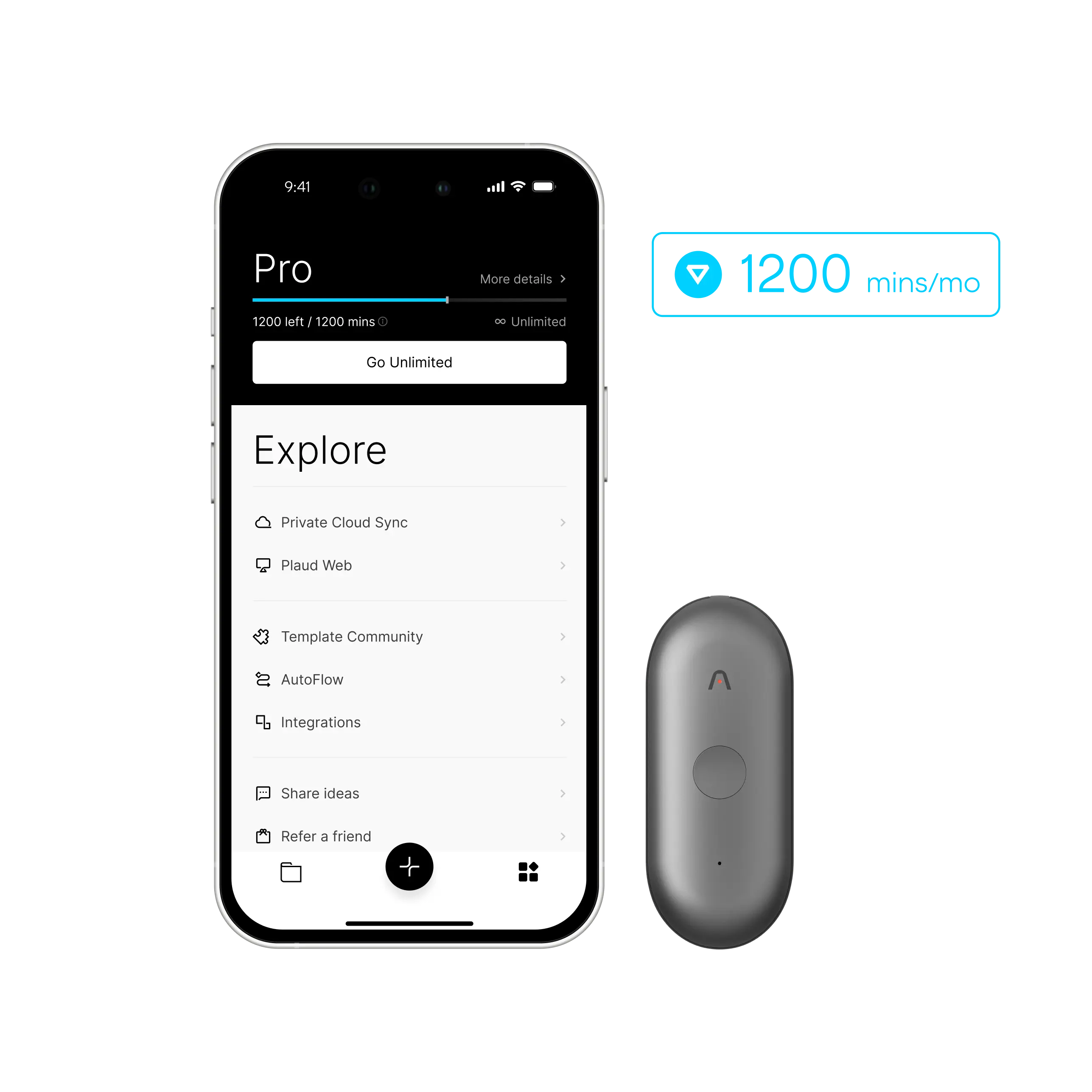 Plaud NotePin beside a smartphone displaying the Pro plan with 1200 transcription minutes per month.