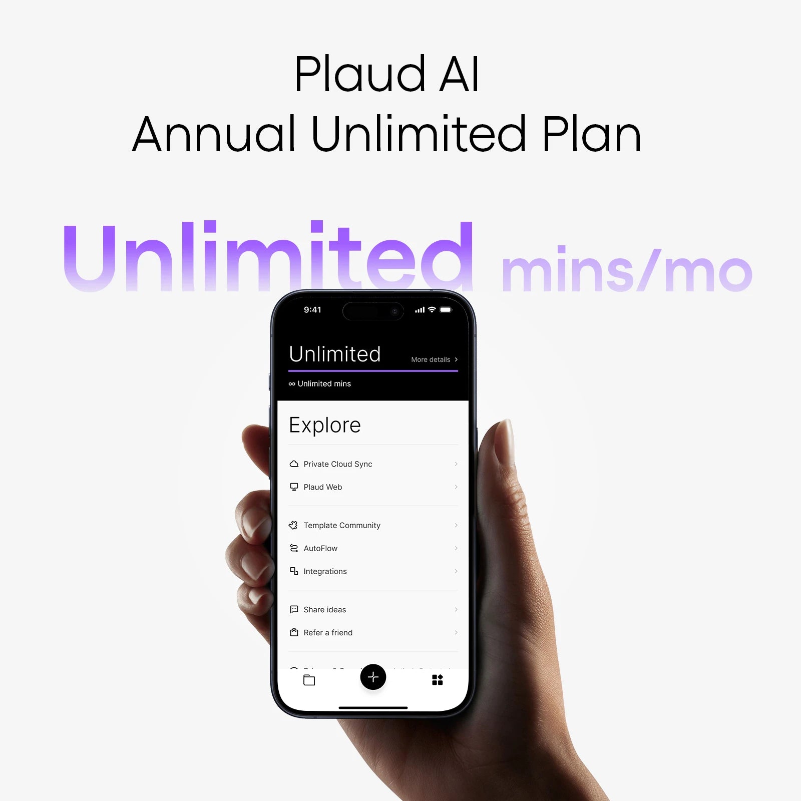 Plaud AI Annual Unlimited Plan featuring unlimited minutes per month, displayed on the Plaud mobile app.