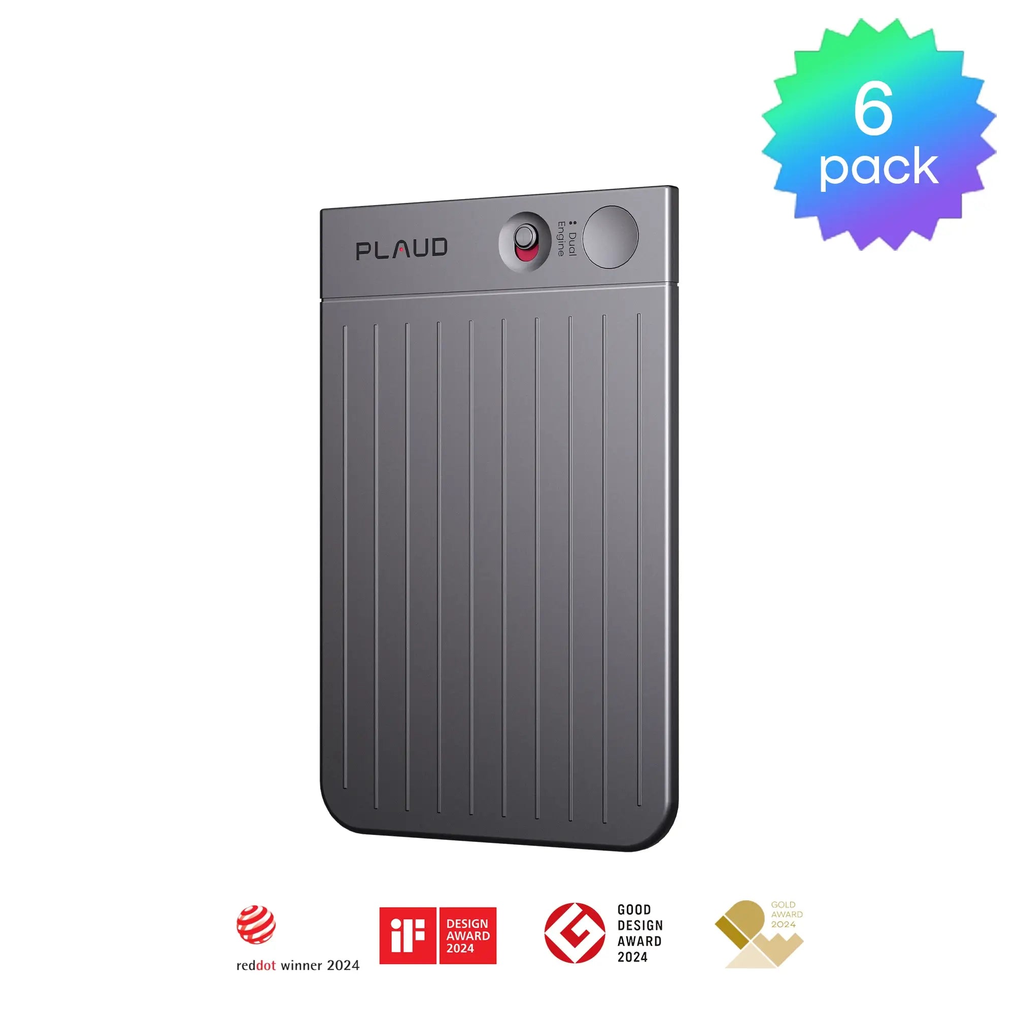 A gray Plaud & AI Plan test- subscription-系列 device with a button and indicator light is shown standing upright. A “6 pack” badge appears in the top right corner, while award icons—Red Dot and iF Design—are displayed at the bottom of the image.