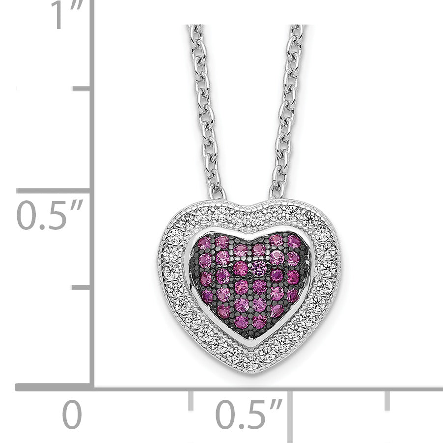 Brilliant Embers Sterling Silver Rhodium-plated 112 Stone 18 inch with 2 inch extender Lobster Clasp Micro Pav? Red and White CZ Heart Necklace with 2 Inch Extender