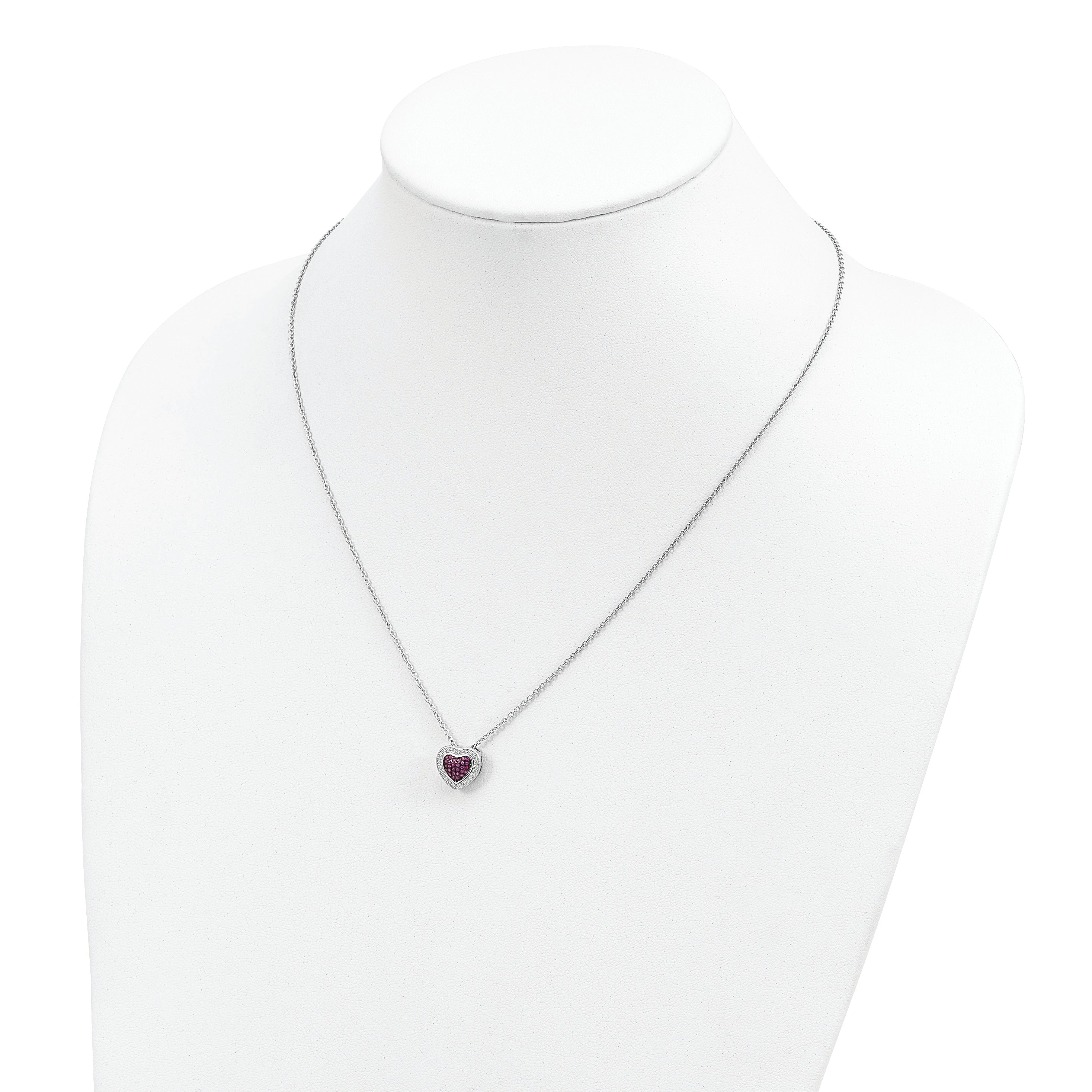 Brilliant Embers Sterling Silver Rhodium-plated 112 Stone 18 inch with 2 inch extender Lobster Clasp Micro Pav? Red and White CZ Heart Necklace with 2 Inch Extender