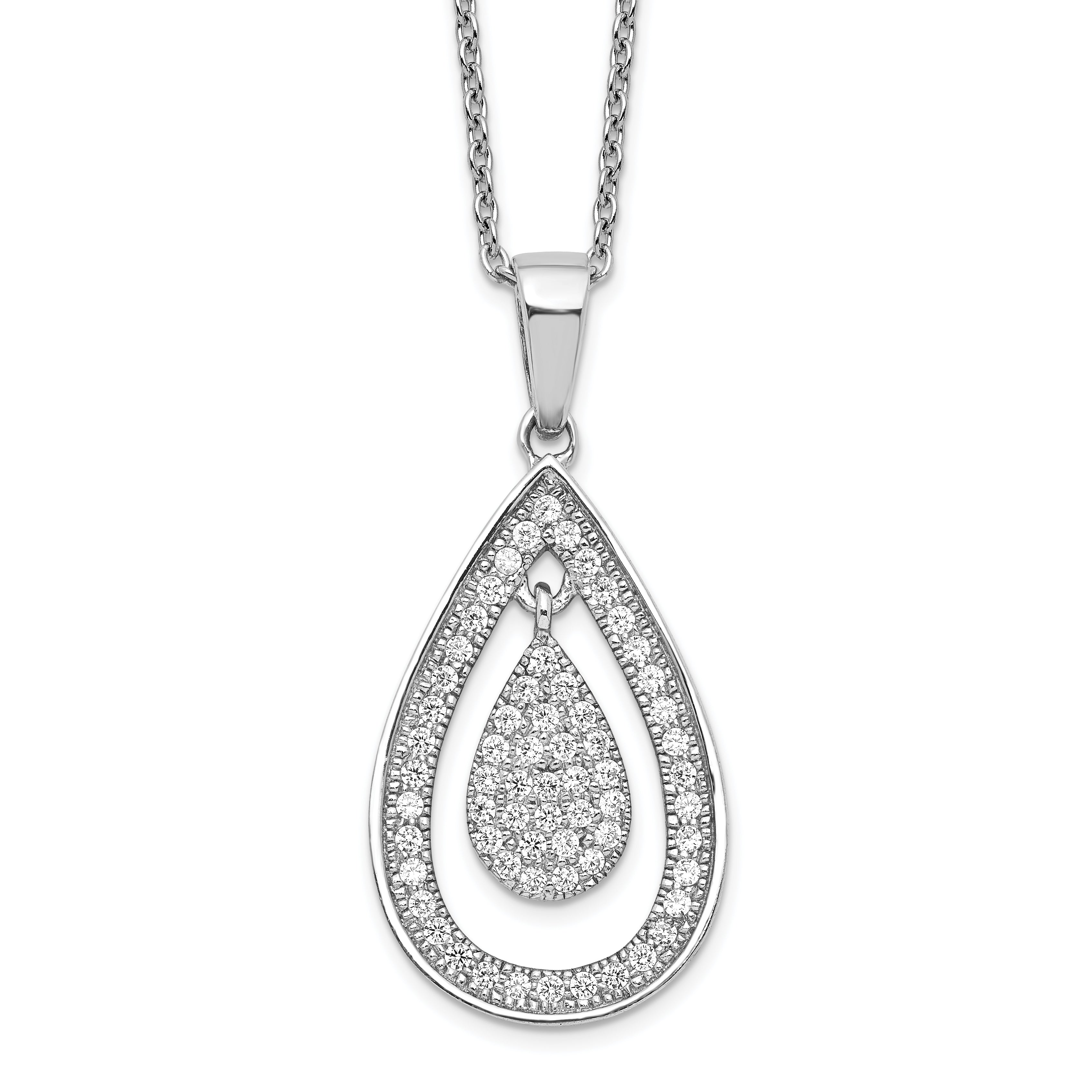 Brilliant Embers Sterling Silver Rhodium-plated 64 Stone 18 inch Micro Pav? CZ Teardrop Necklace with 2 Inch Extender