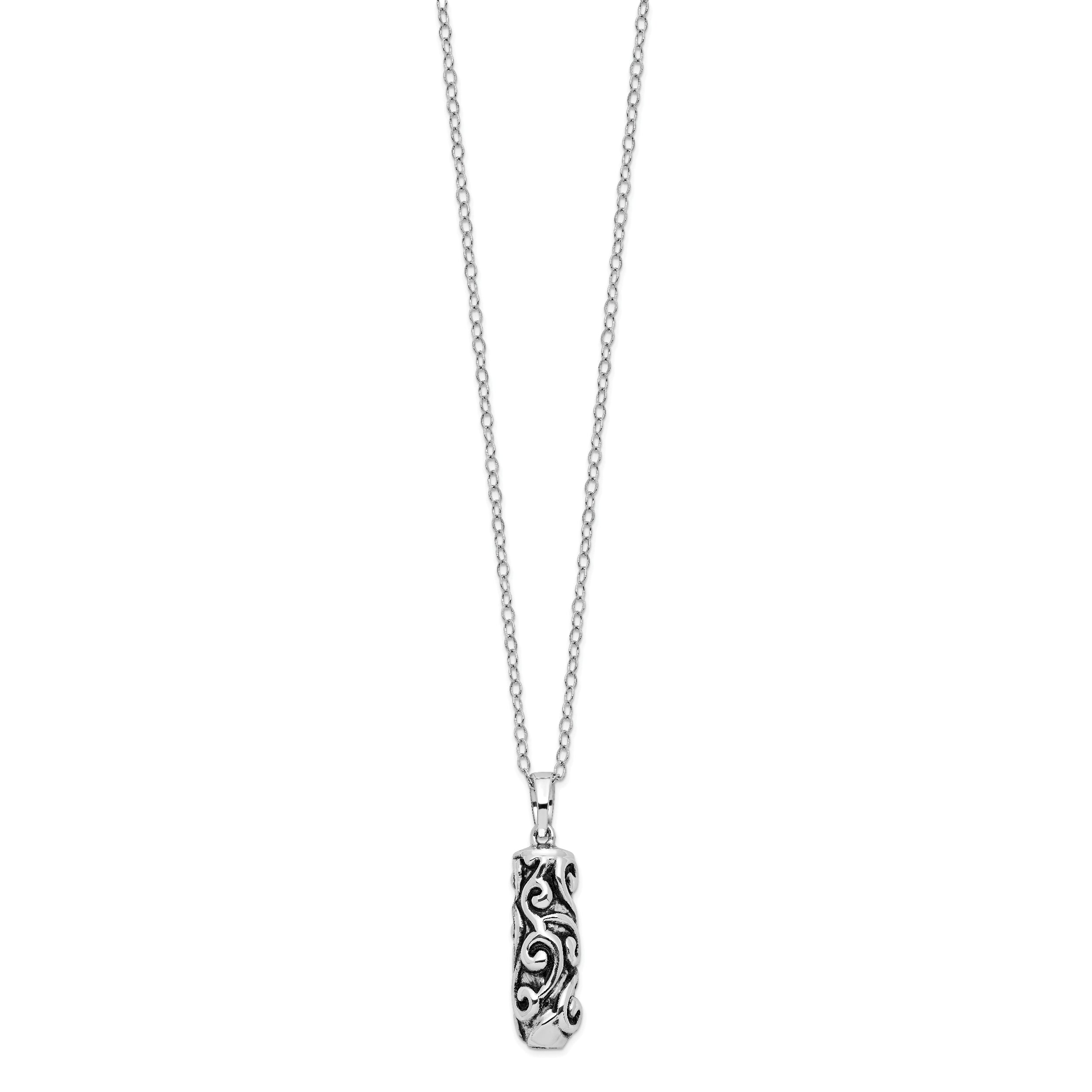Sentimental Expressions Sterling Silver Rhodium-plated Antiqued Cylinder Remembrance Ash Holder 18in Necklace
