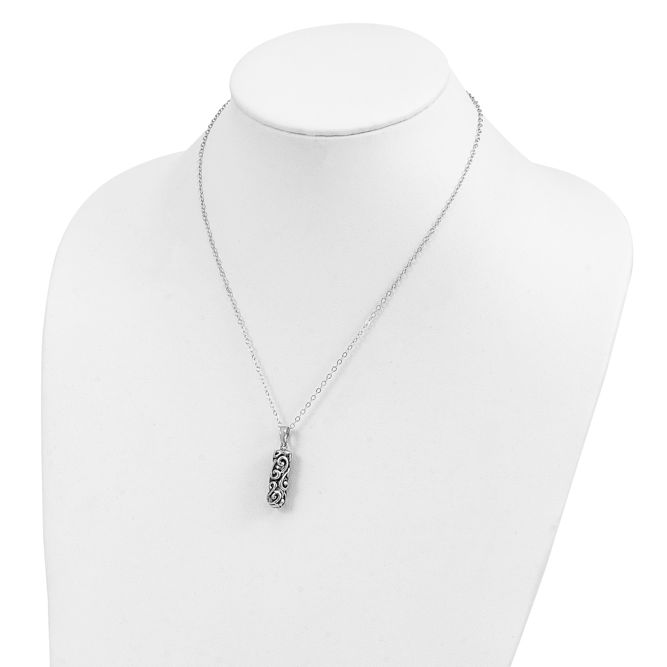 Sentimental Expressions Sterling Silver Rhodium-plated Antiqued Cylinder Remembrance Ash Holder 18in Necklace