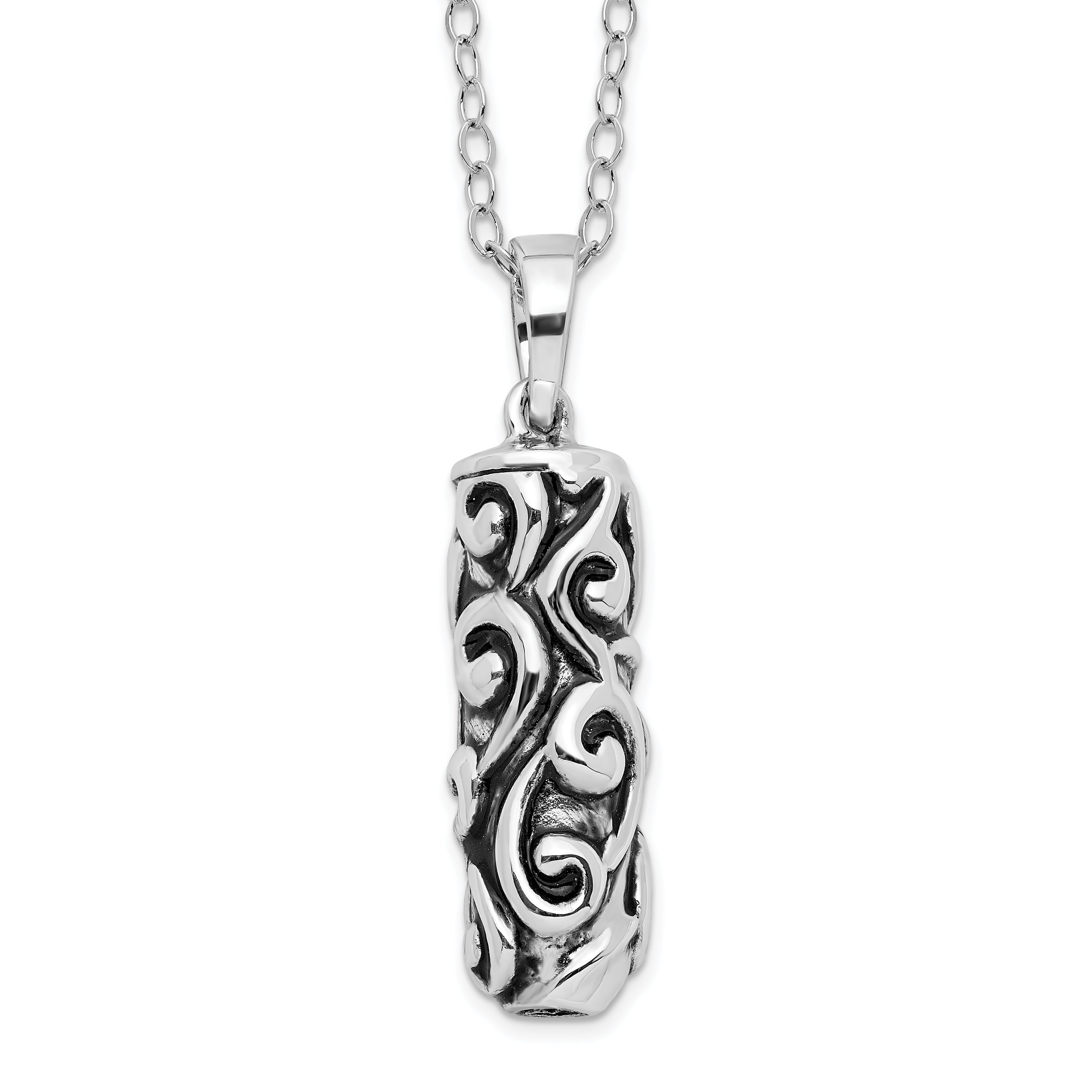 Sentimental Expressions Sterling Silver Rhodium-plated Antiqued Cylinder Remembrance Ash Holder 18in Necklace