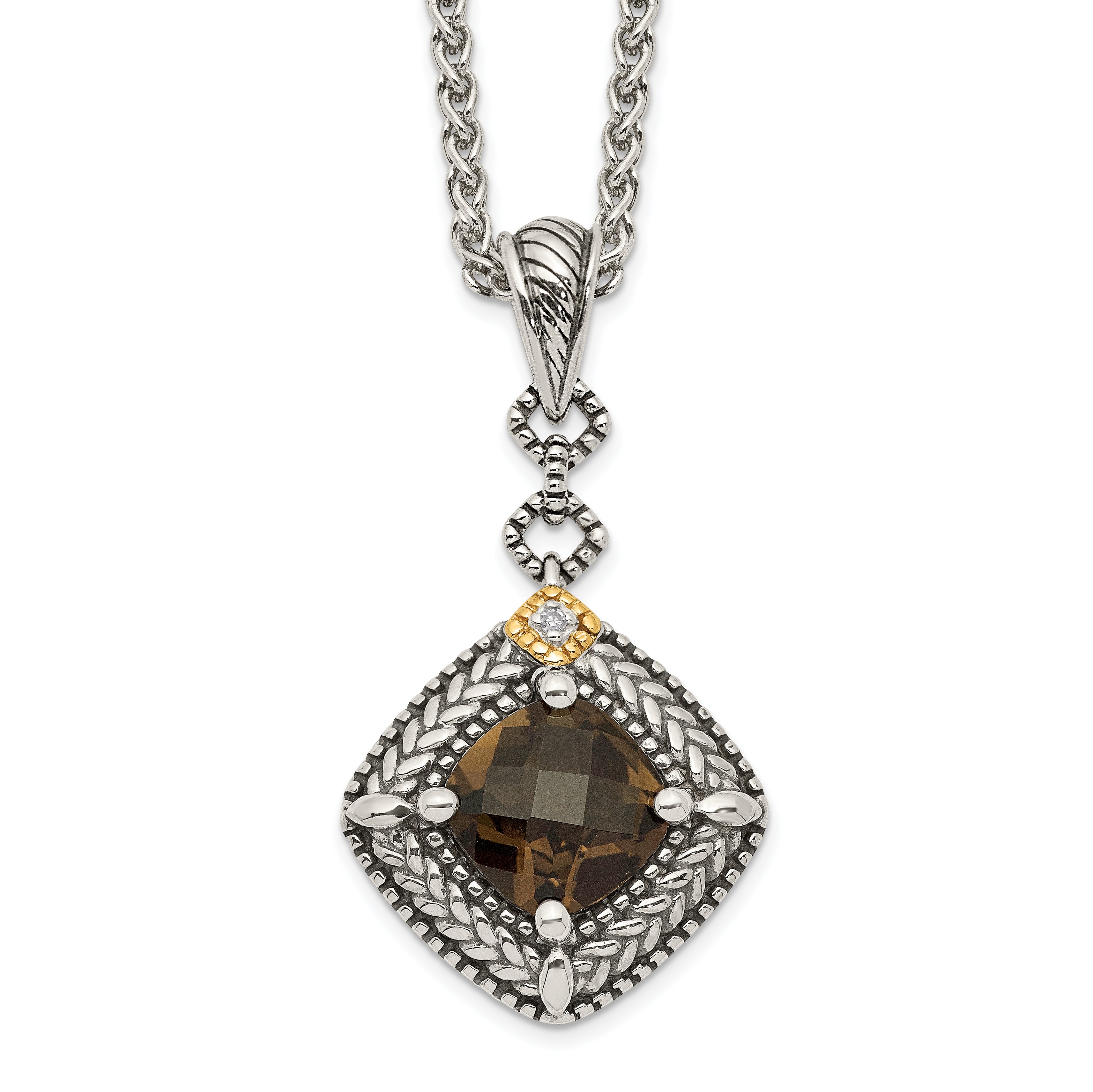 Shey Couture Sterling Silver with 14K Accent 18 Inch Antiqued Cushion Checkerboard Smoky Quartz and Diamond Dangle Necklace