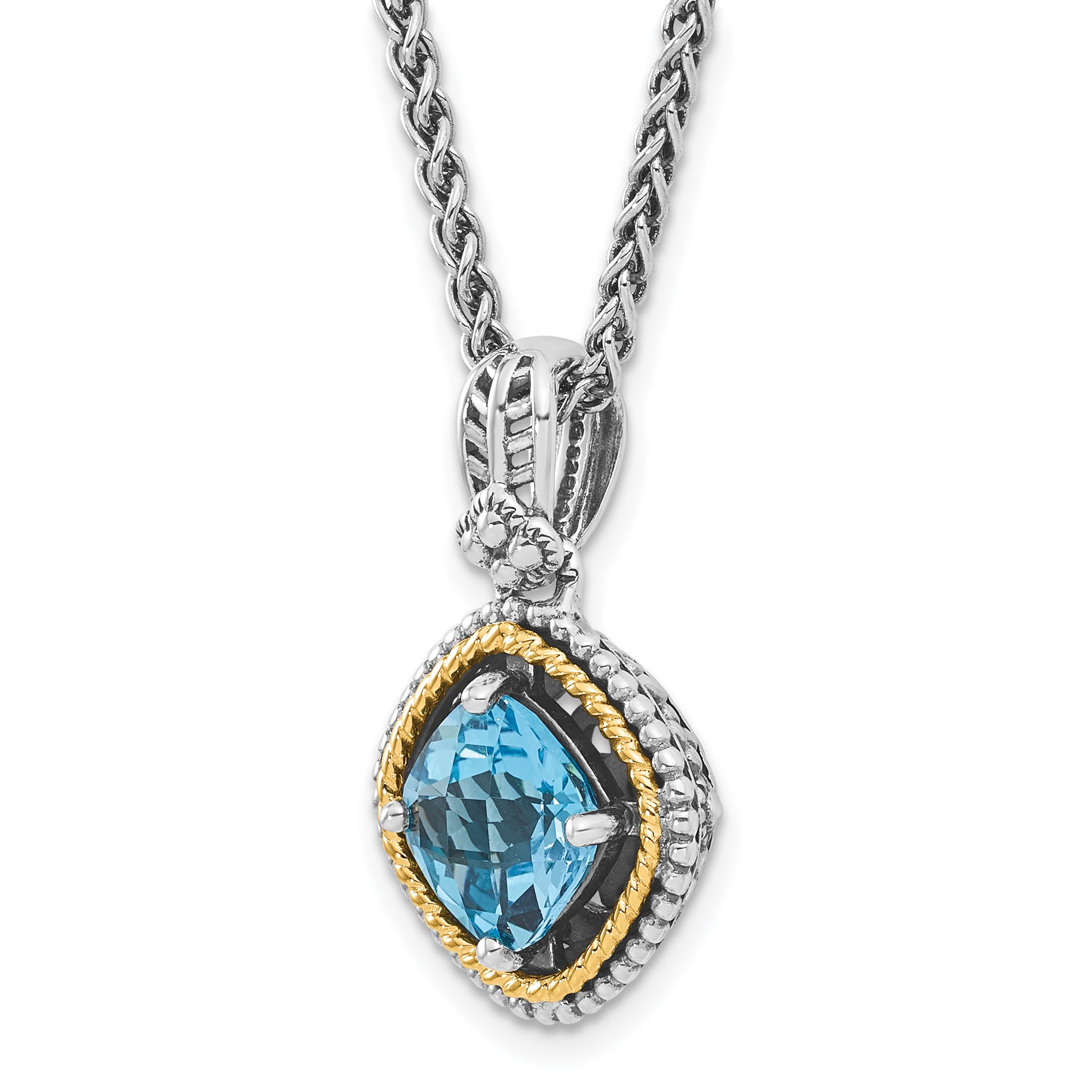 Shey Couture Sterling Silver with 14K Accent 18 Inch Antiqued Cushion Swiss Blue Topaz Necklace