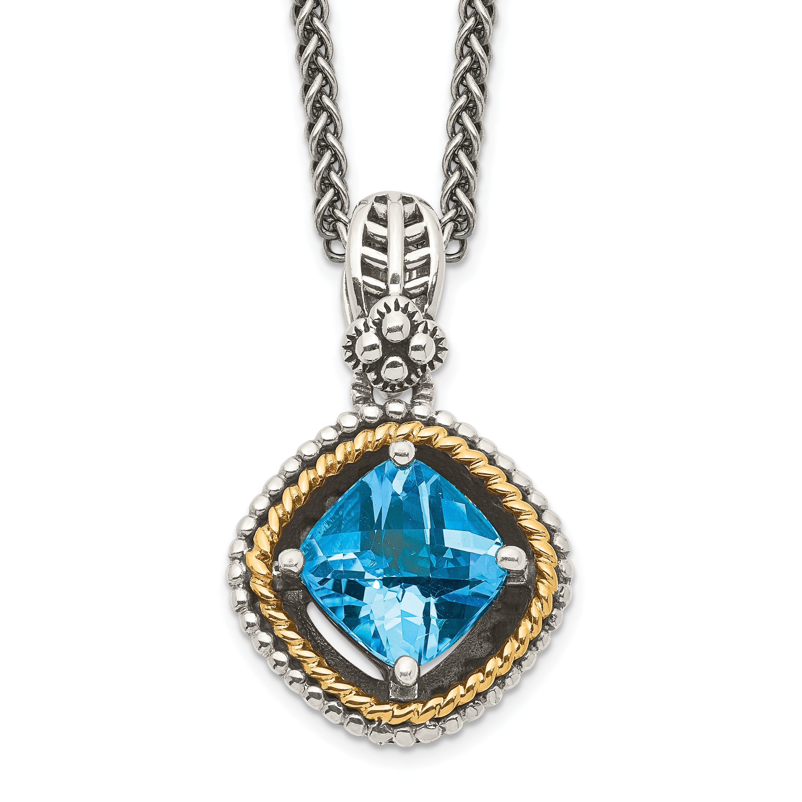 Shey Couture Sterling Silver with 14K Accent 18 Inch Antiqued Cushion Swiss Blue Topaz Necklace