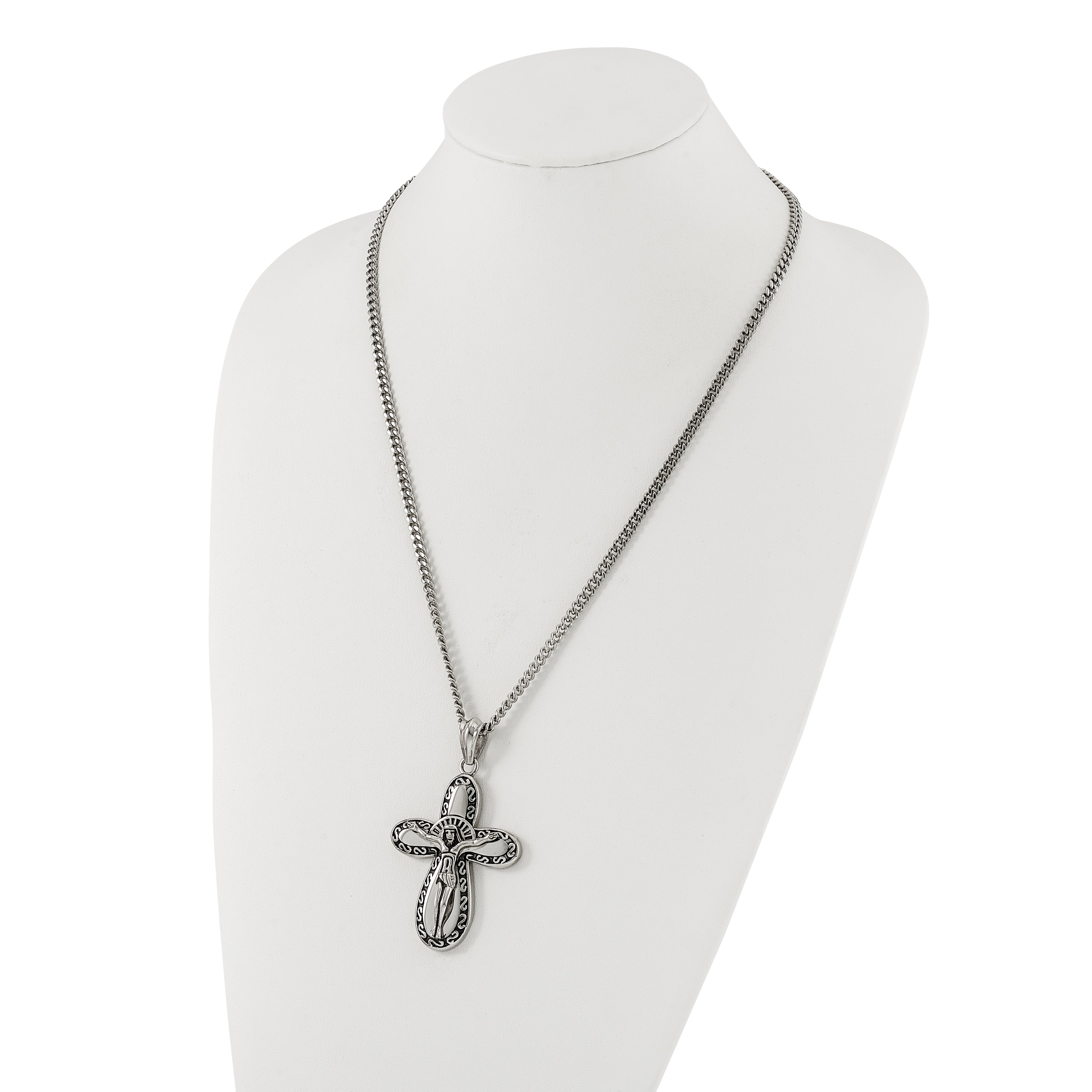 Stainless Steel Antiqued & Polished Crucifix Necklace