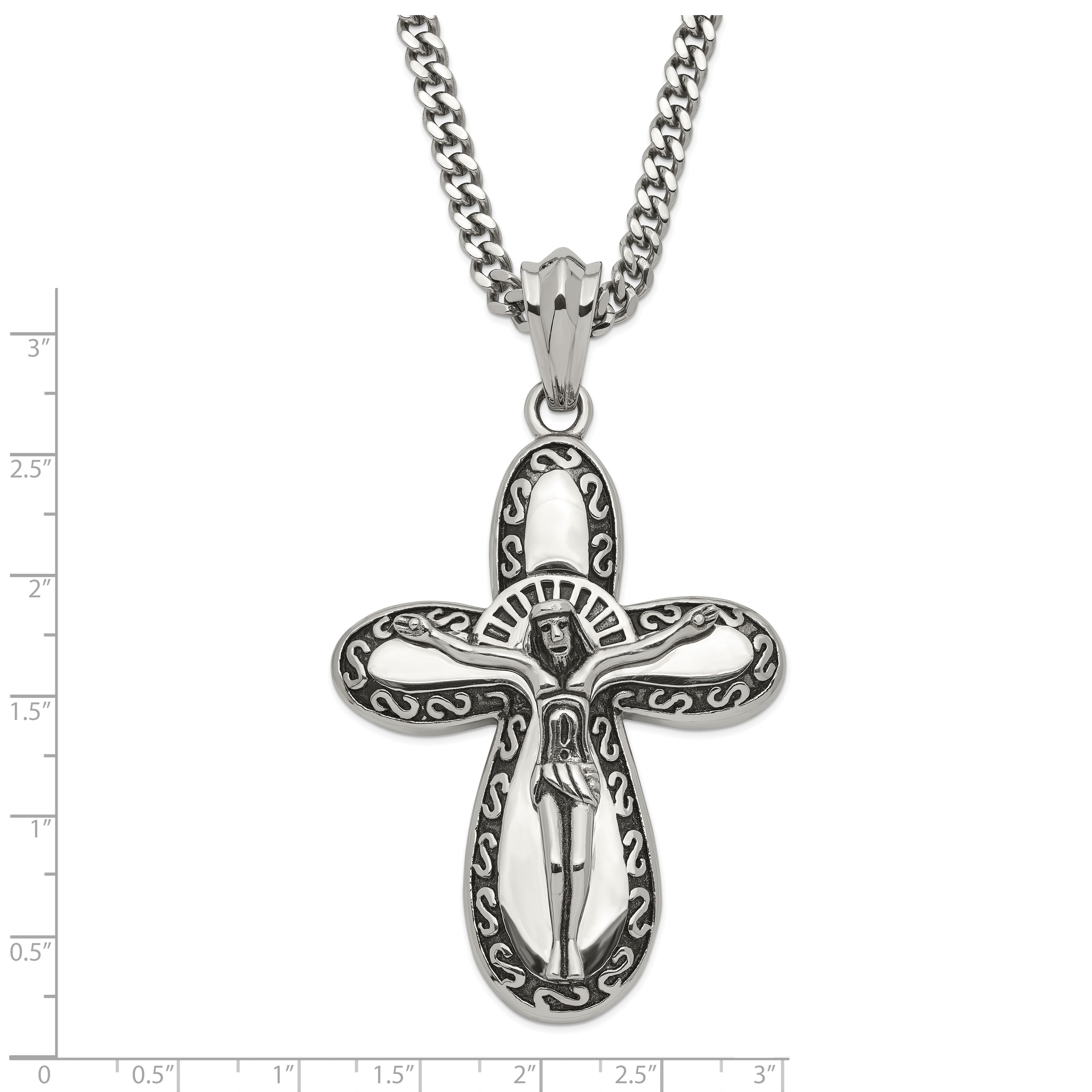 Stainless Steel Antiqued & Polished Crucifix Necklace