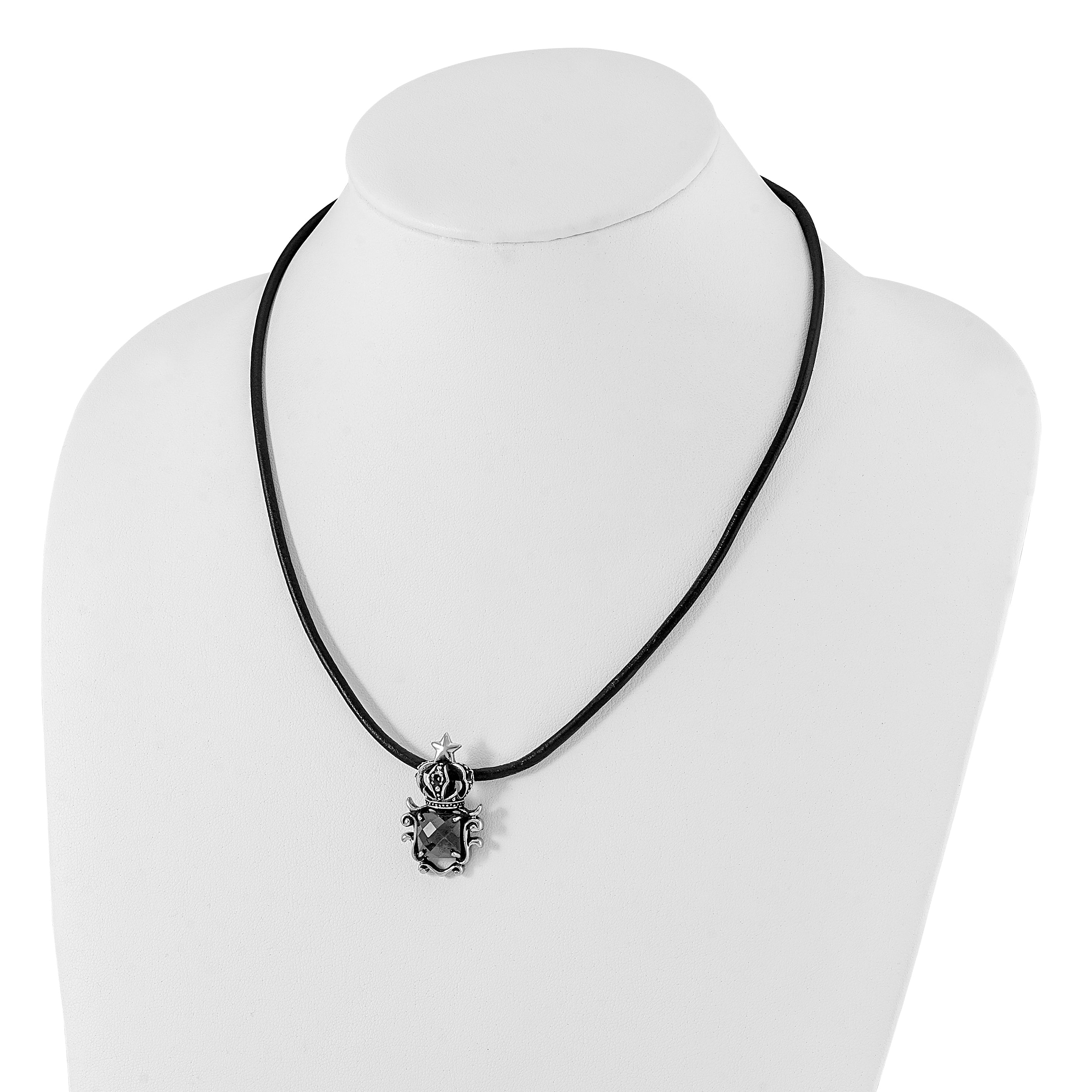 Stainless Steel Antiqued Star Crown with Black Glass Necklace