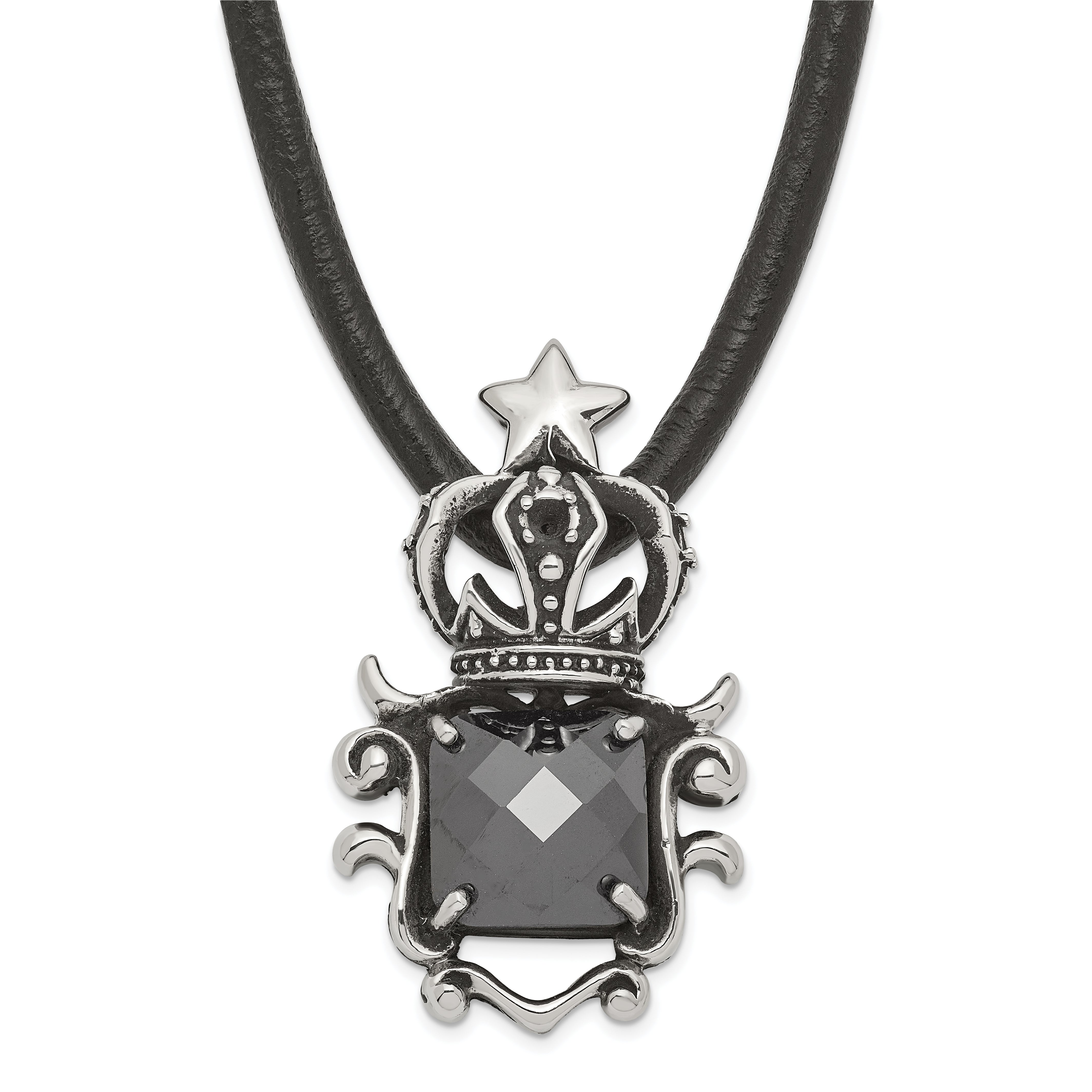 Stainless Steel Antiqued Star Crown with Black Glass Necklace