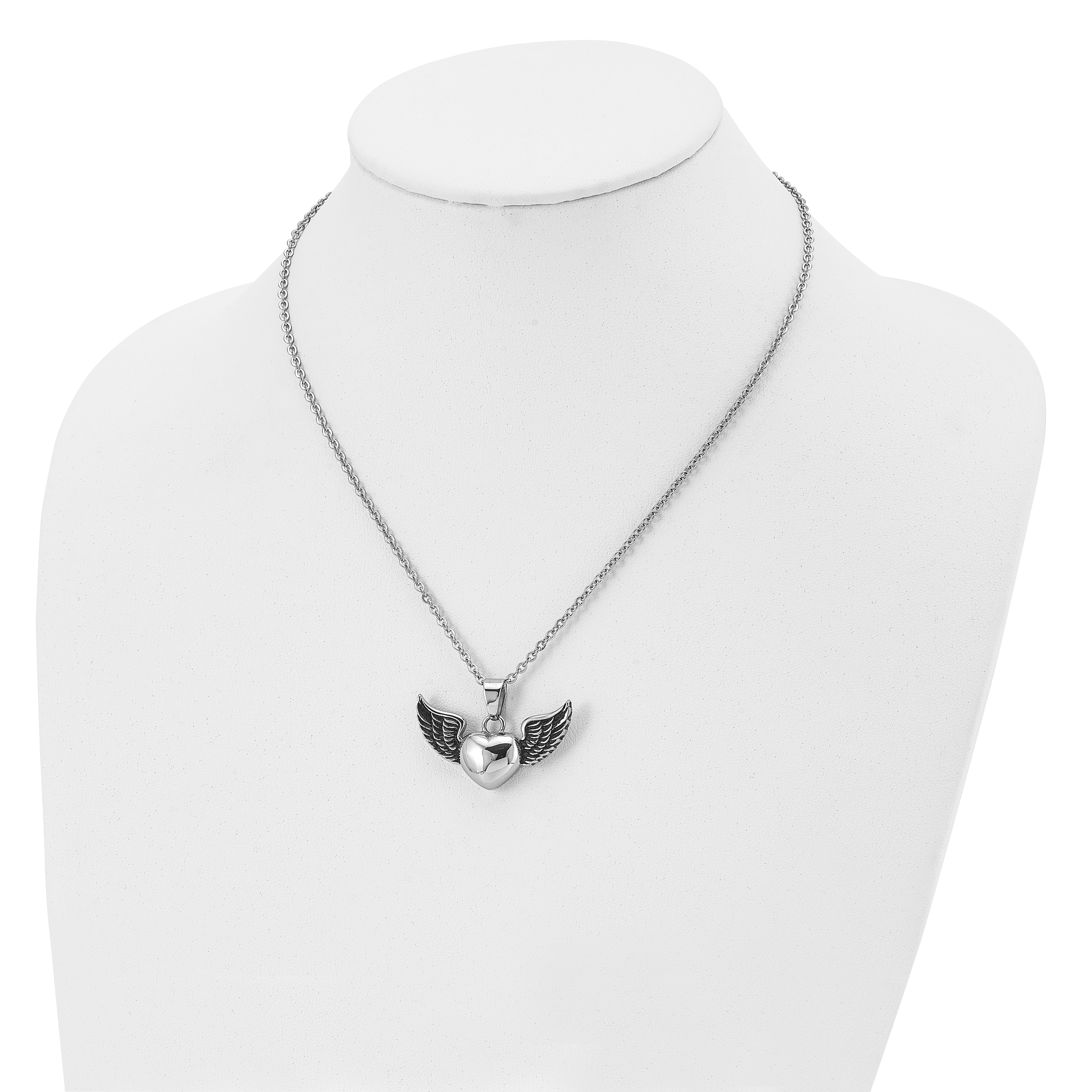 Chisel Stainless Steel Antiqued and Polished Heart with Wings Pendant on an 18 inch Cable Chain Necklace