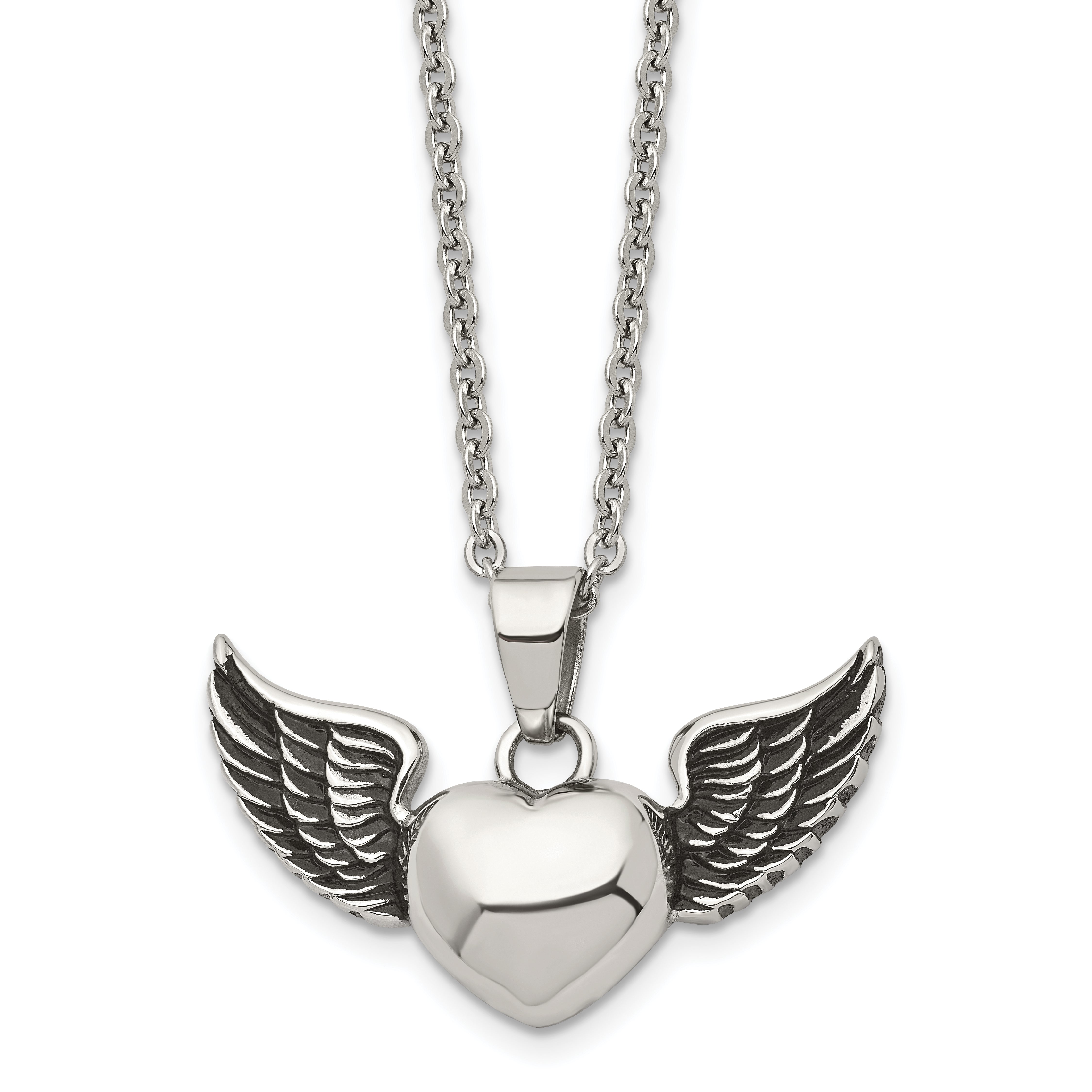 Chisel Stainless Steel Antiqued and Polished Heart with Wings Pendant on an 18 inch Cable Chain Necklace