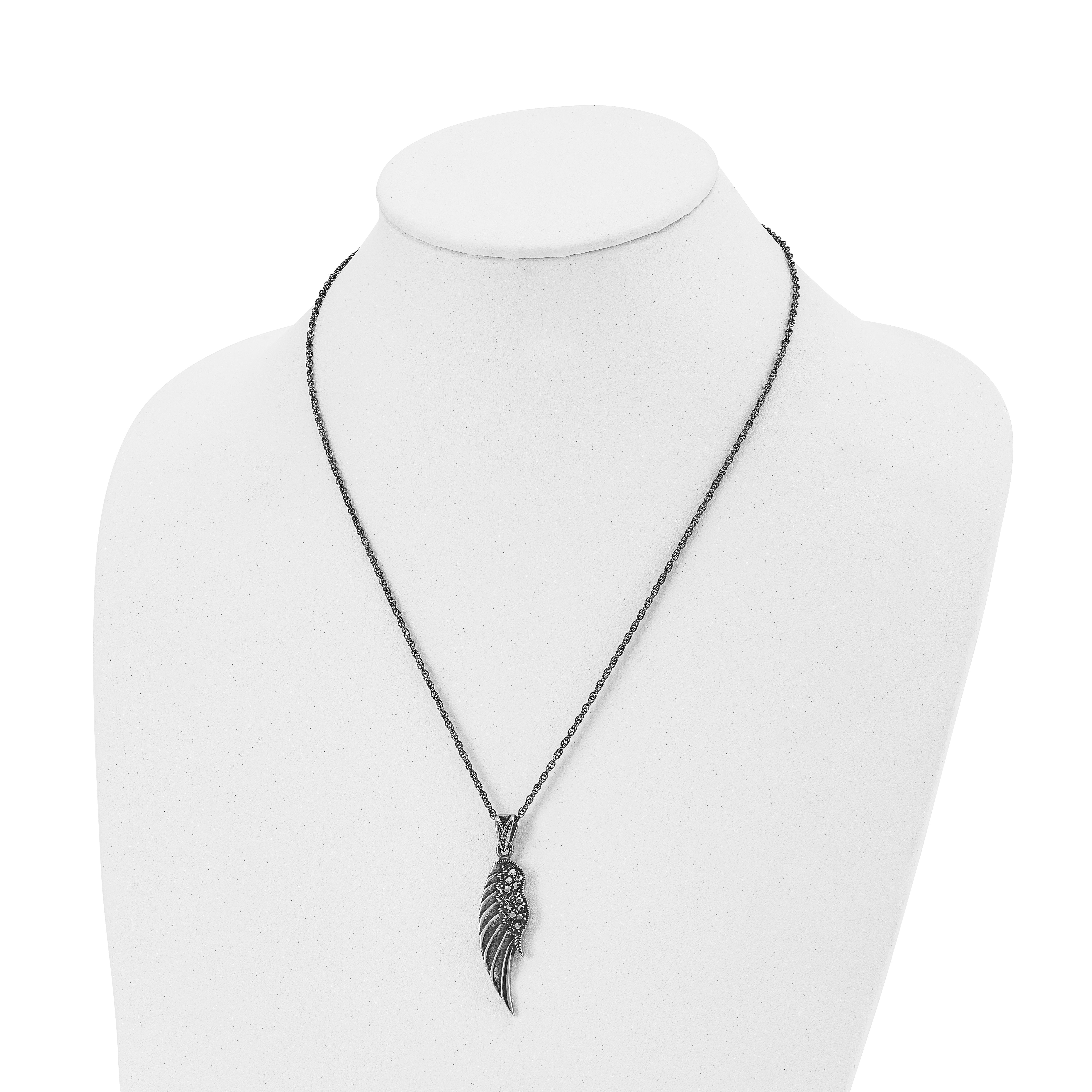 Chisel Stainless Steel Antiqued and Polished with Marcasite Wing Pendant on a 20 inch Singapore Chain Necklace