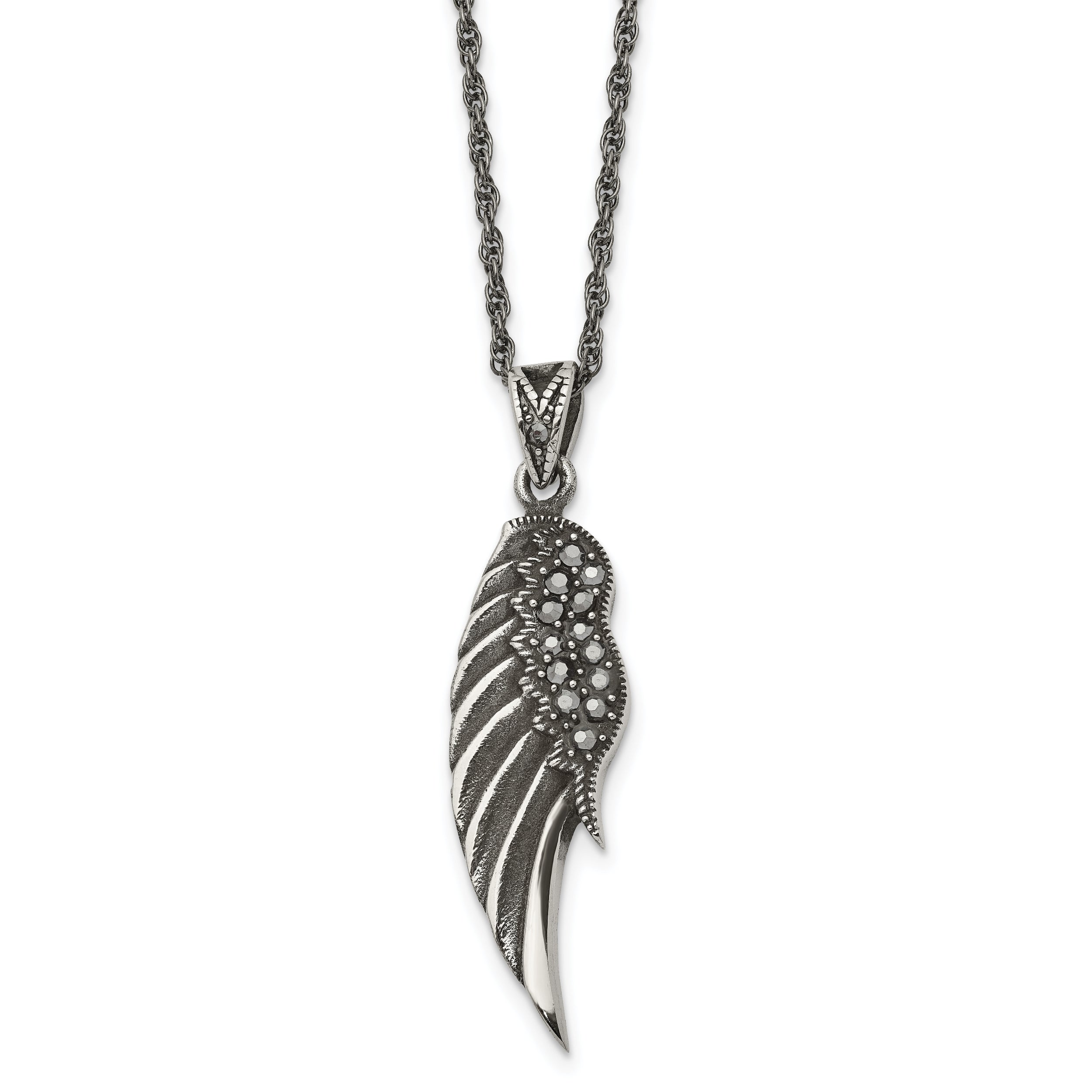 Chisel Stainless Steel Antiqued and Polished with Marcasite Wing Pendant on a 20 inch Singapore Chain Necklace