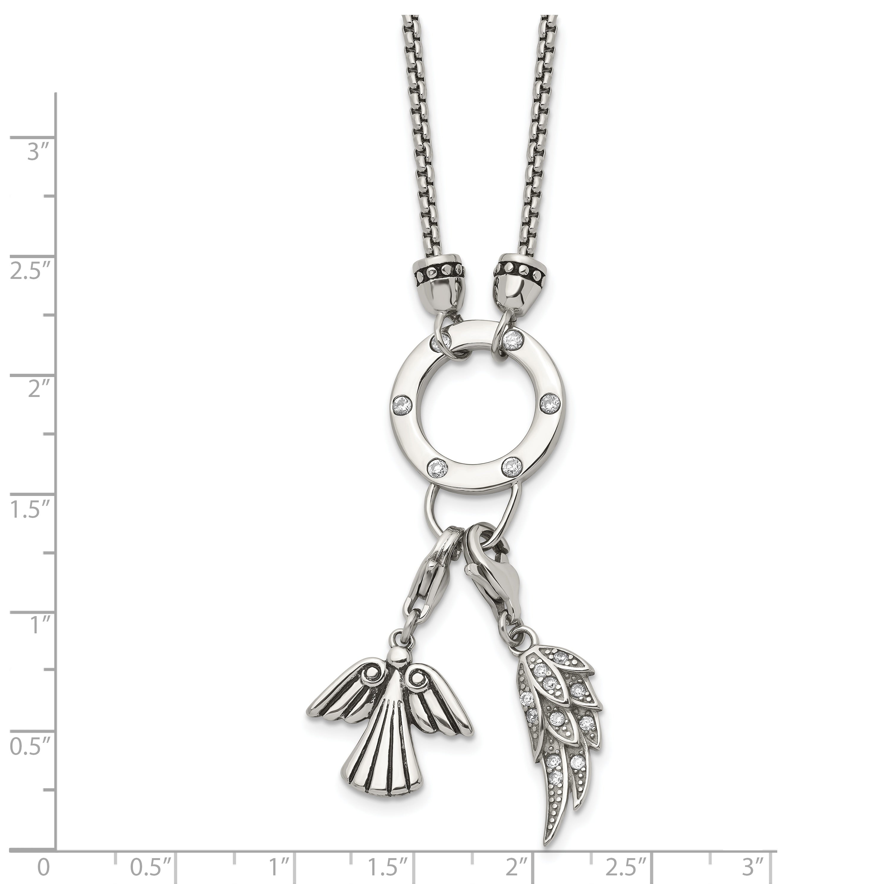 Stainless Steel Polished CZ Feather and Angel 17in w/ 2in ext Necklace