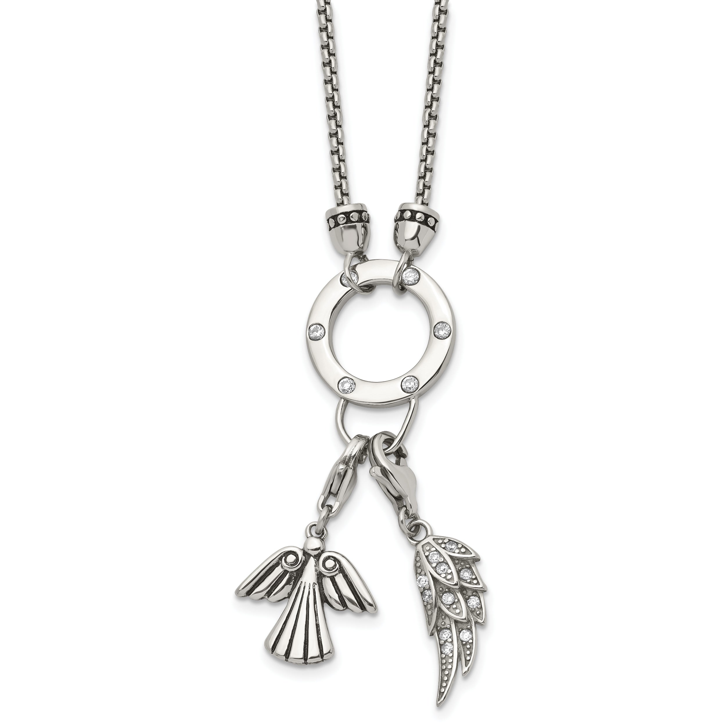 Stainless Steel Polished CZ Feather and Angel 17in w/ 2in ext Necklace
