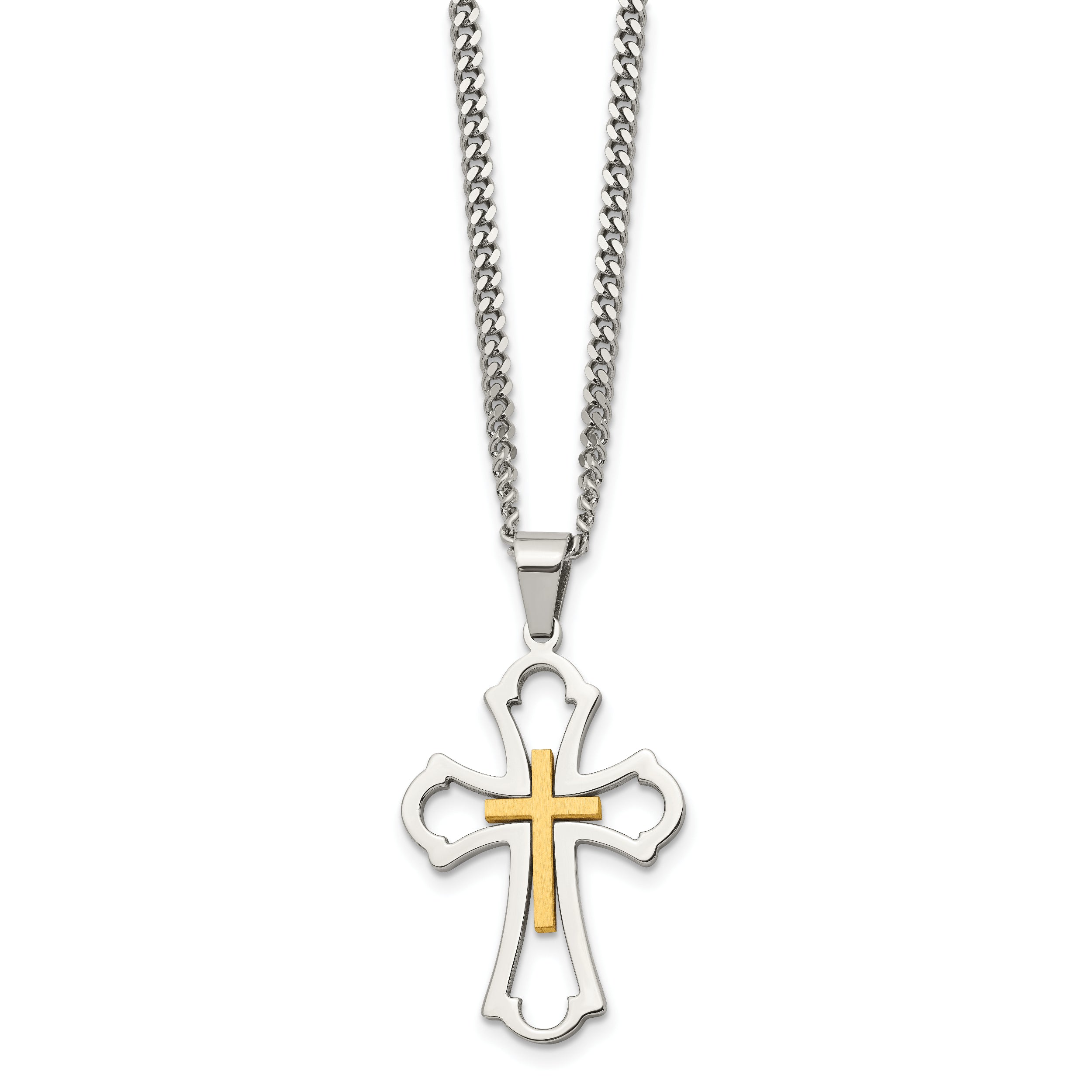 Chisel Stainless Steel Brushed and Polished Yellow IP-plated Cross Pendant on a 22 inch Curb Chain Necklace