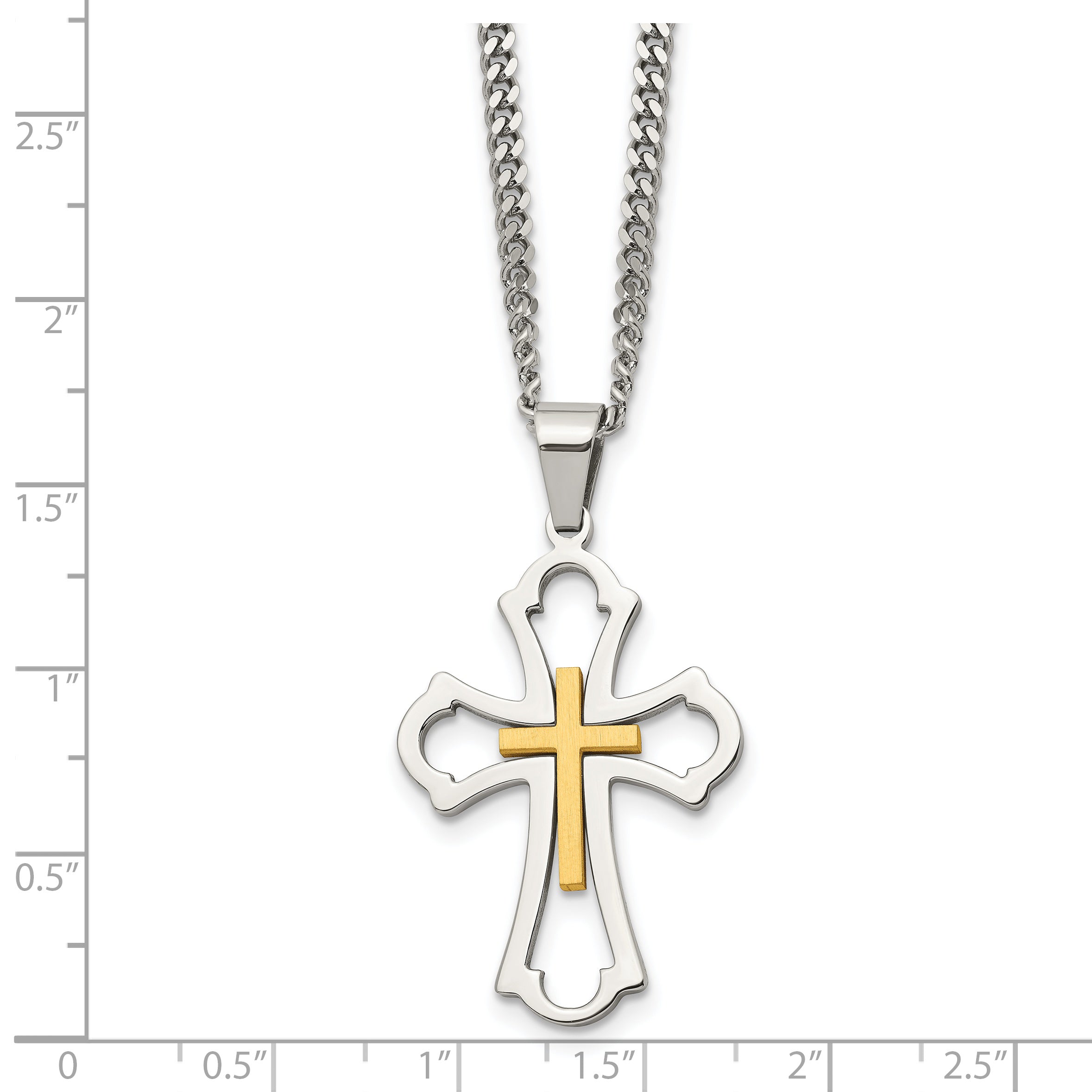 Chisel Stainless Steel Brushed and Polished Yellow IP-plated Cross Pendant on a 22 inch Curb Chain Necklace