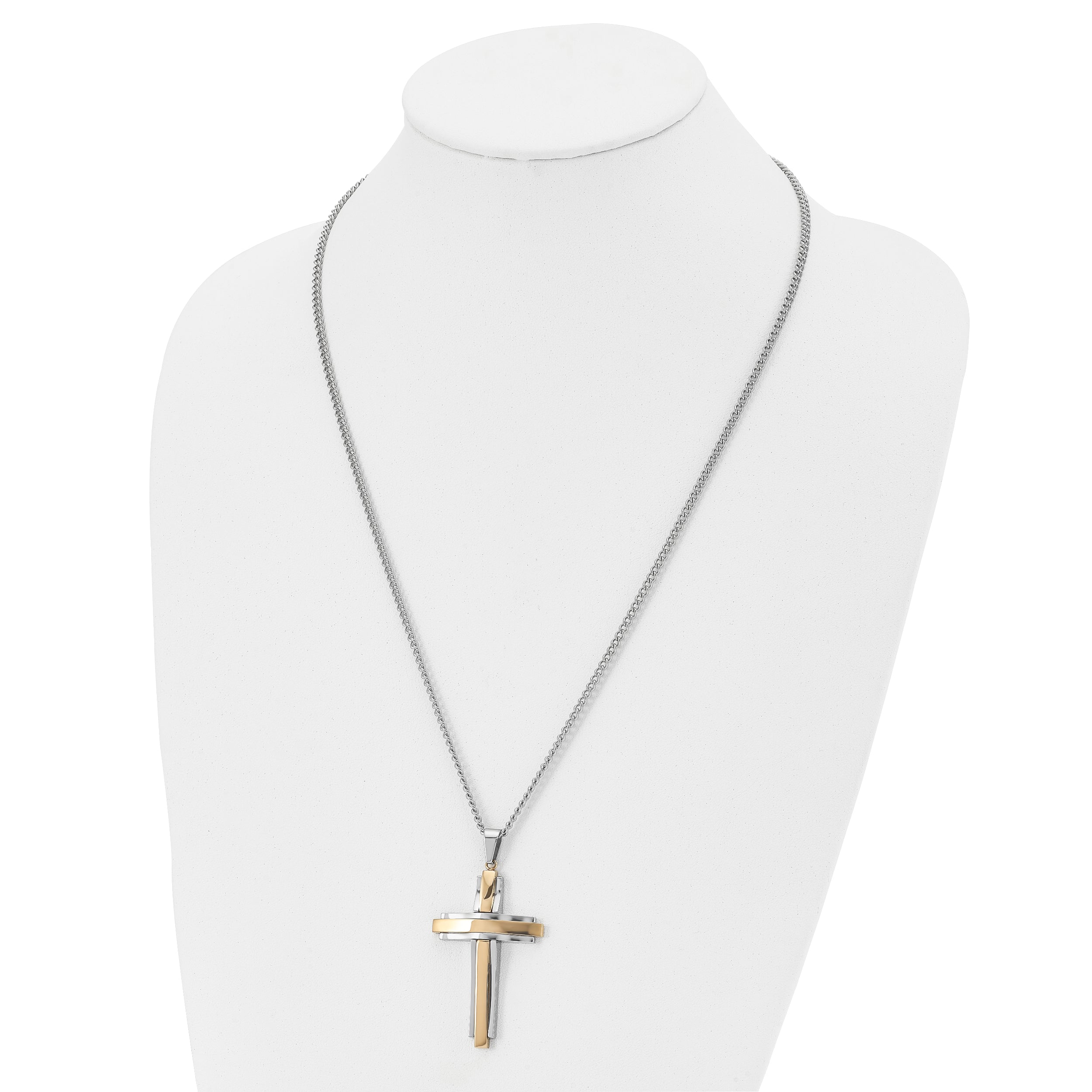 Chisel Stainless Steel Polished Yellow IP-plated Cross Pendant on a 24 inch Curb Chain Necklace