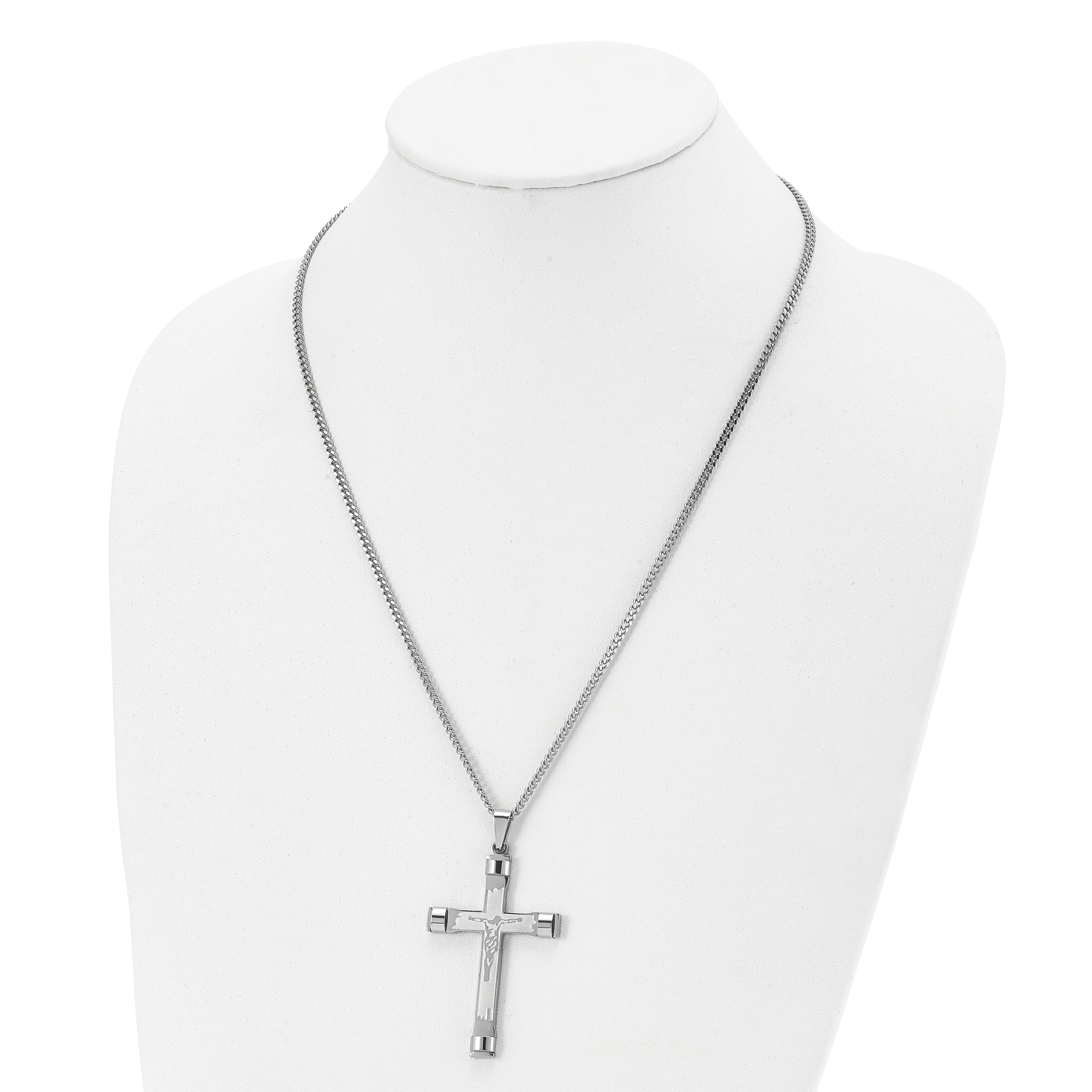Chisel Stainless Steel Brushed and Polished Crucifix Pendant on a 22 inch Curb Chain Necklace