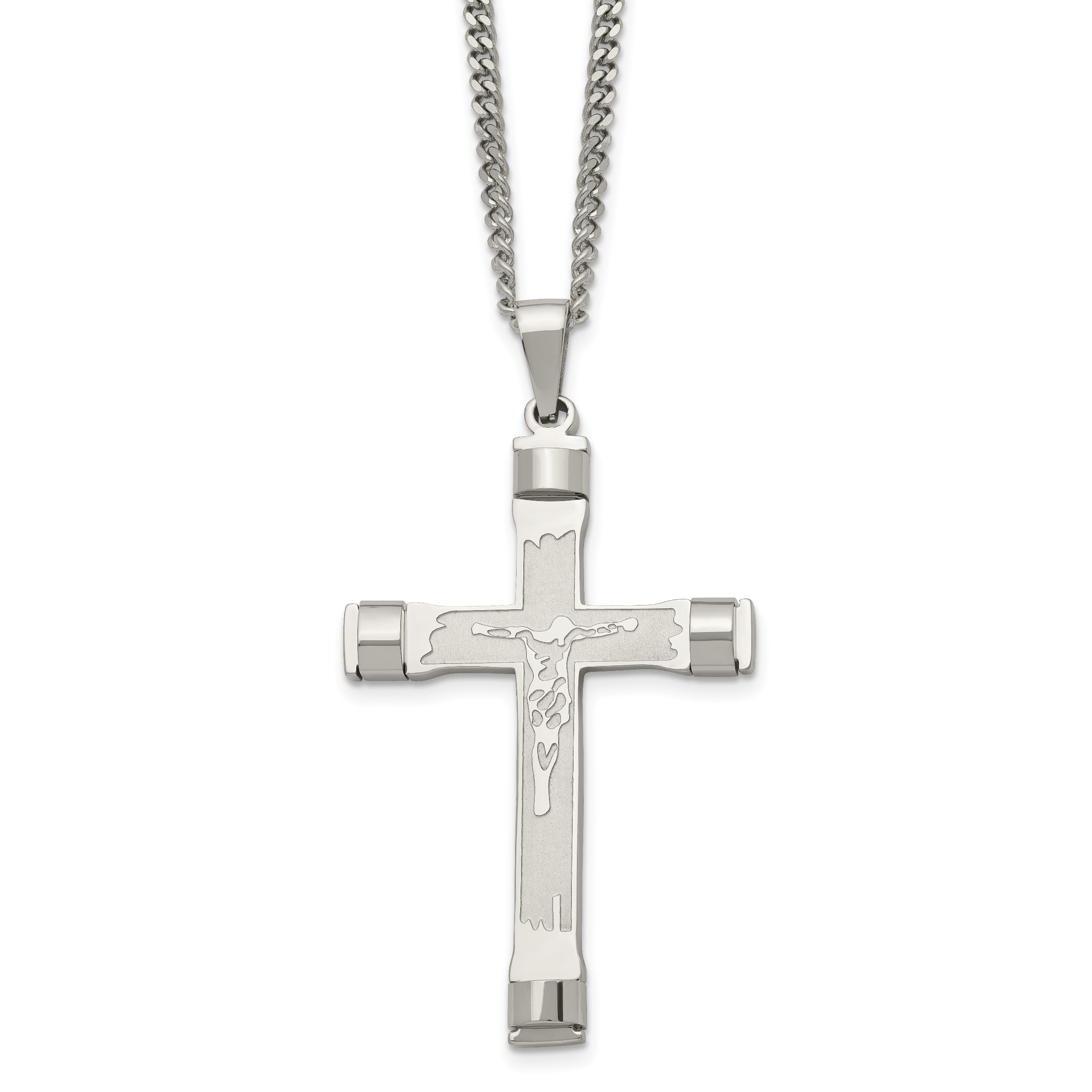Chisel Stainless Steel Brushed and Polished Crucifix Pendant on a 22 inch Curb Chain Necklace
