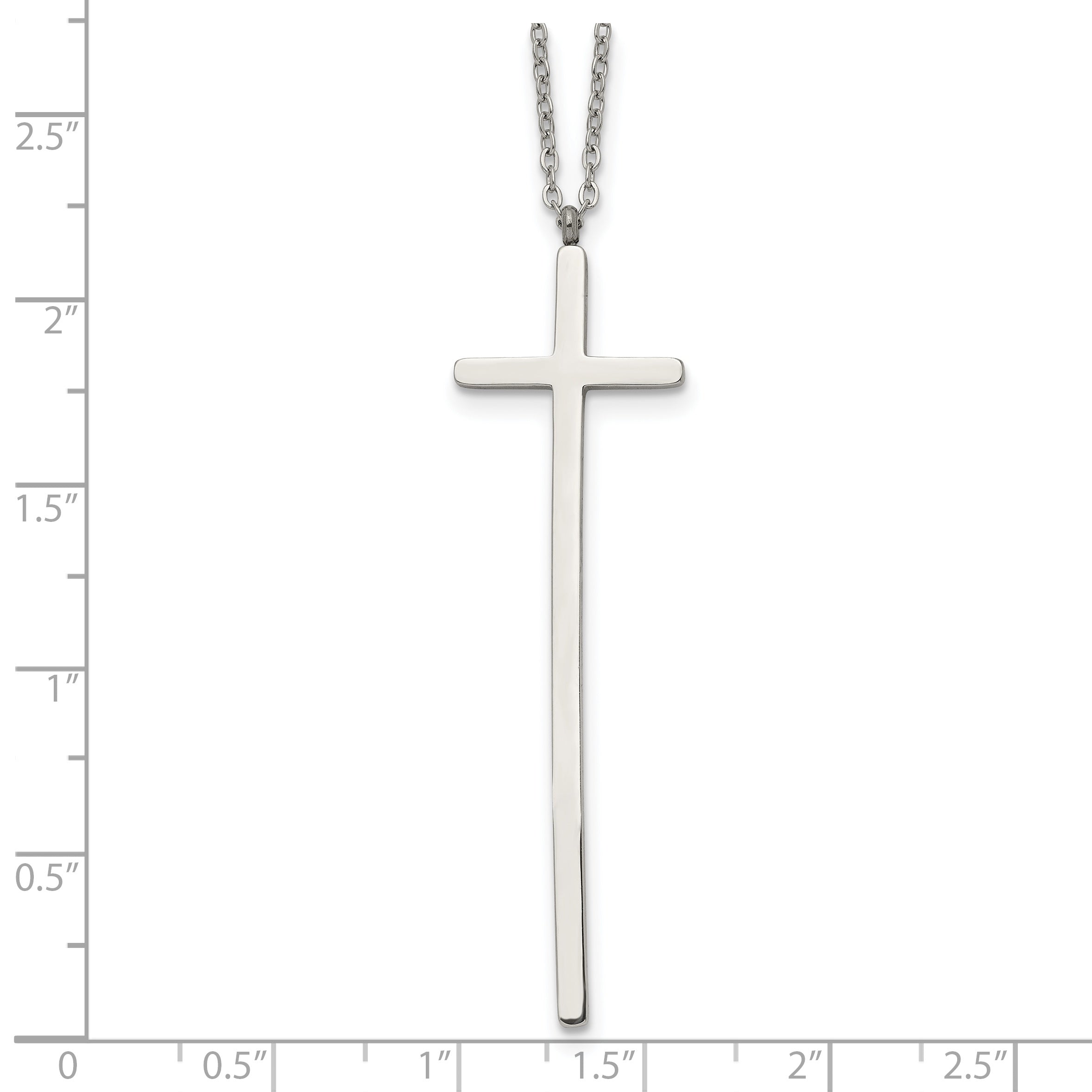 Chisel Stainless Steel Polished Long Cross Pendant on a 30 inch Cable Chain Necklace