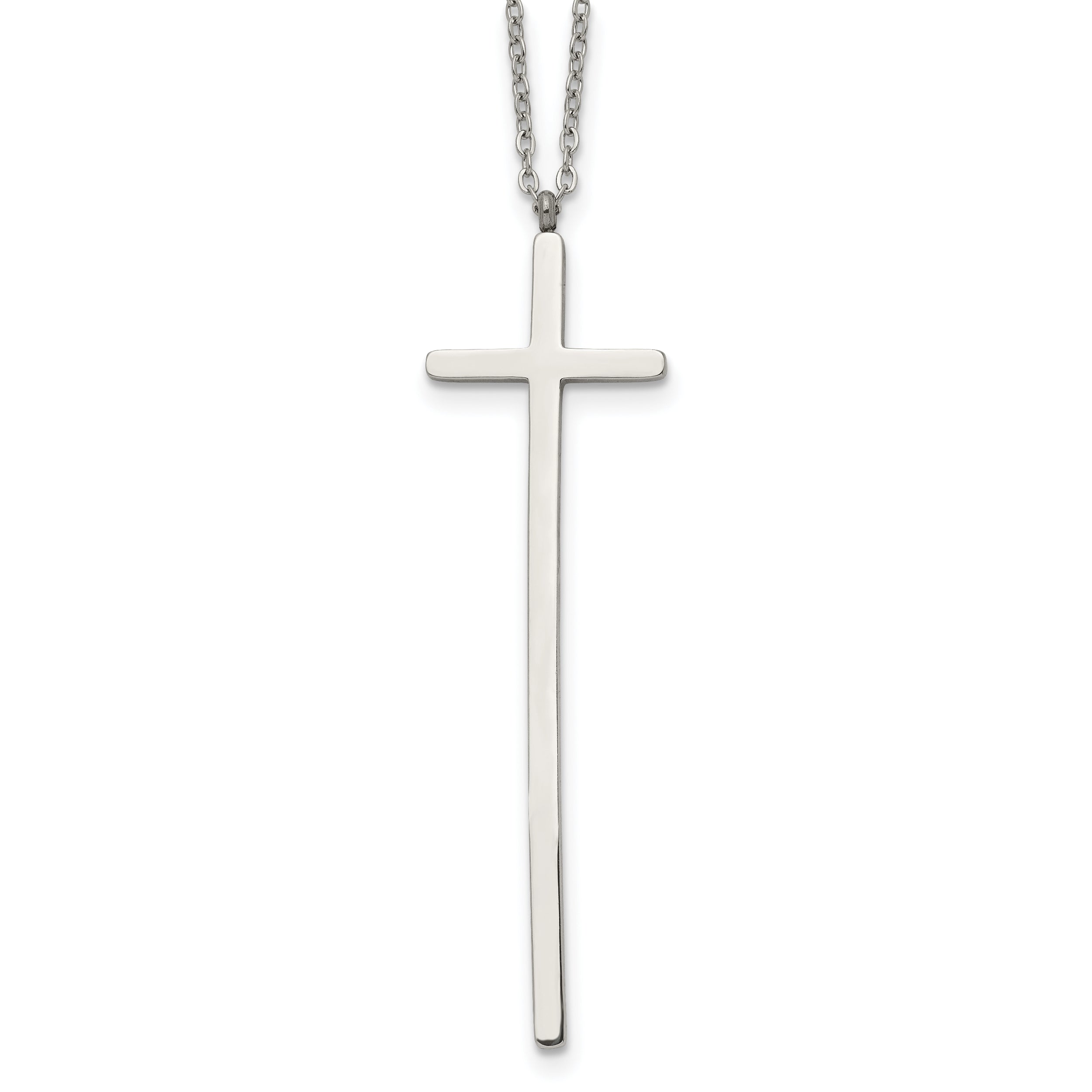 Chisel Stainless Steel Polished Long Cross Pendant on a 30 inch Cable Chain Necklace