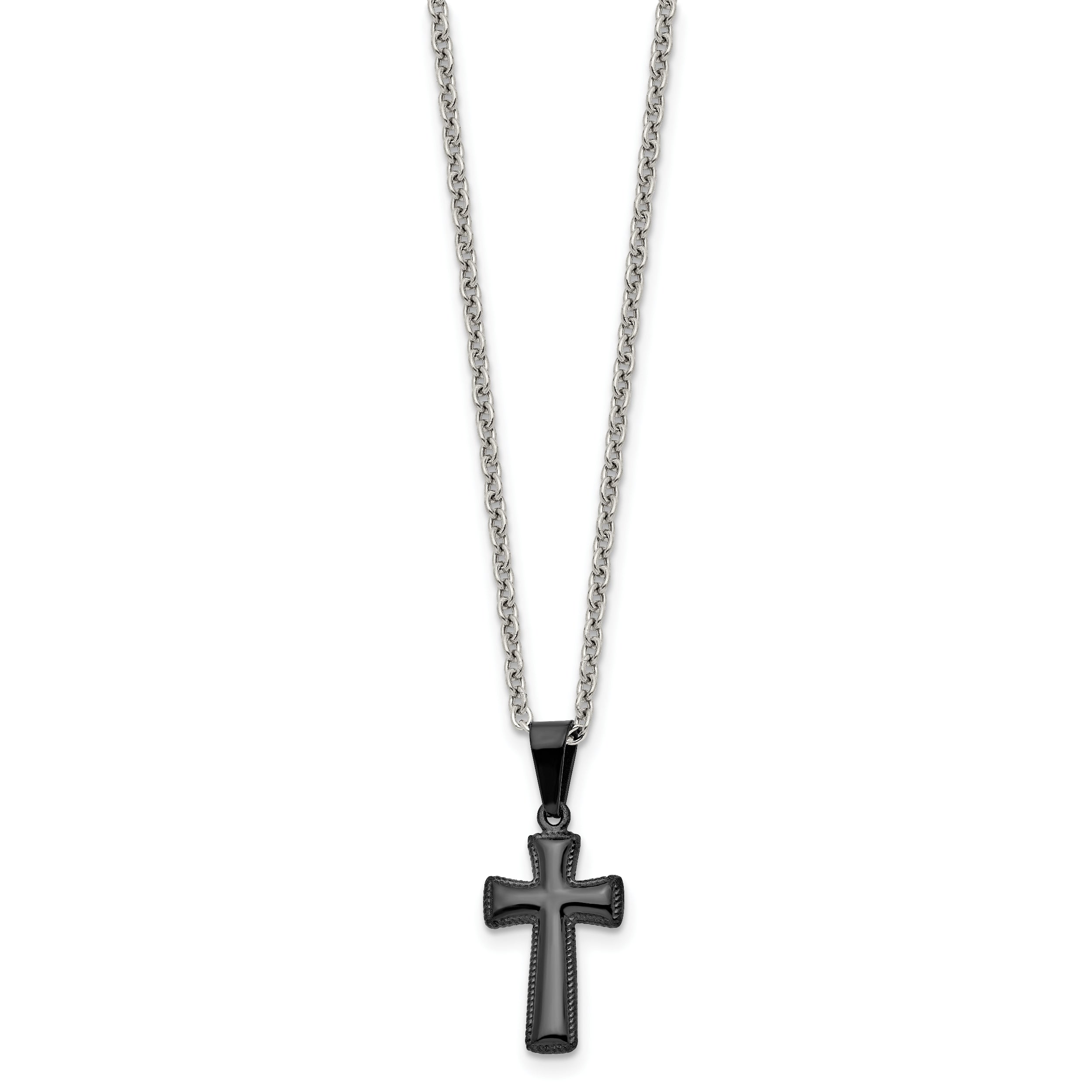 Chisel Stainless Steel Polished Black IP-plated Small Pillow Cross Pendant on a 16 inch Cable Chain Necklace