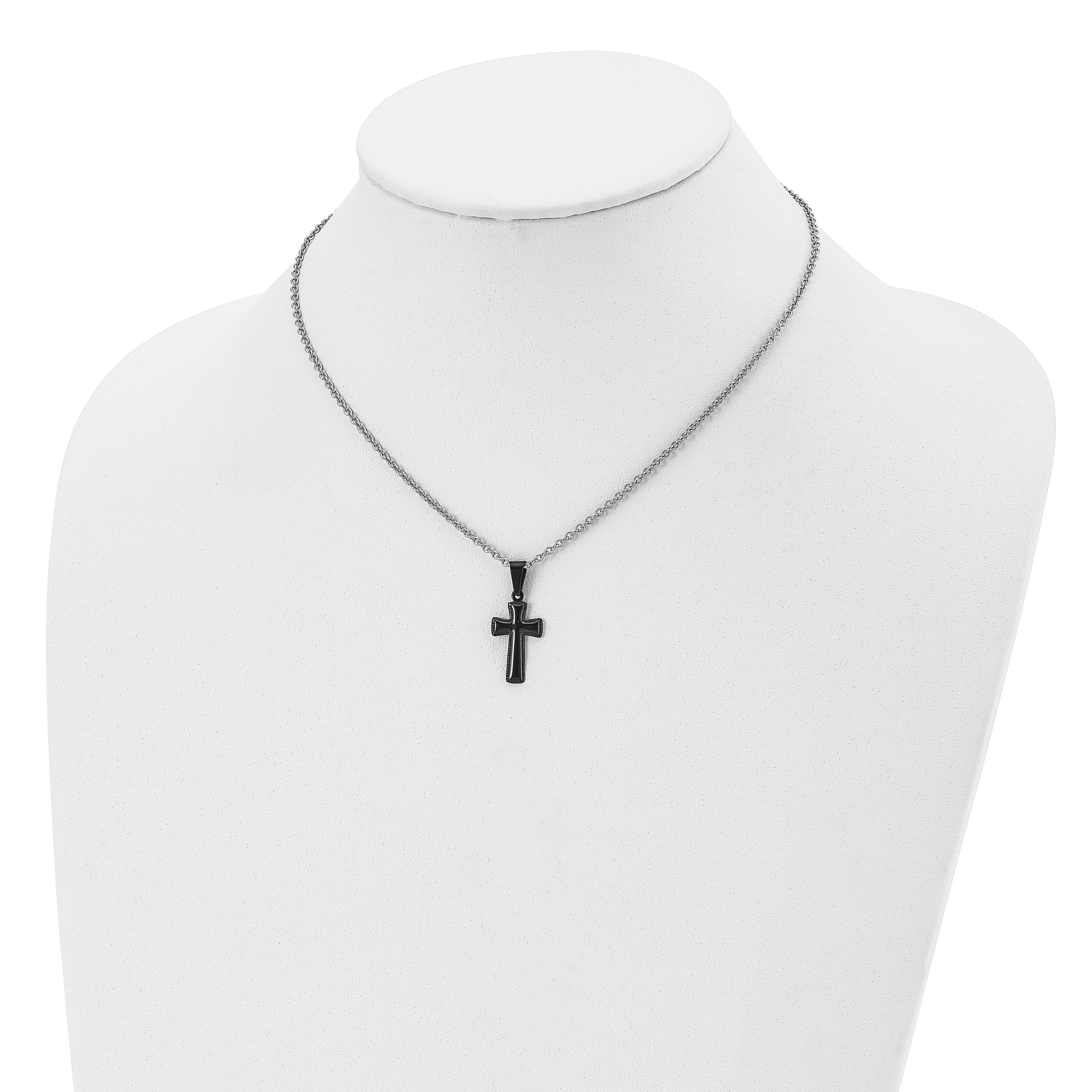 Chisel Stainless Steel Polished Black IP-plated Small Pillow Cross Pendant on a 16 inch Cable Chain Necklace