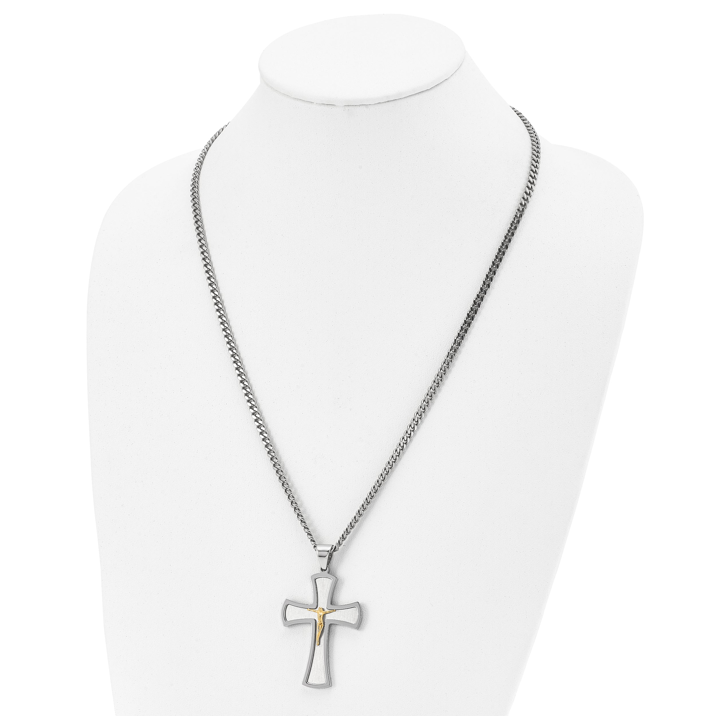 Chisel Stainless Steel Brushed and Polished Yellow IP-plated Crucifix Pendant on a 24 inch Curb Chain Necklace