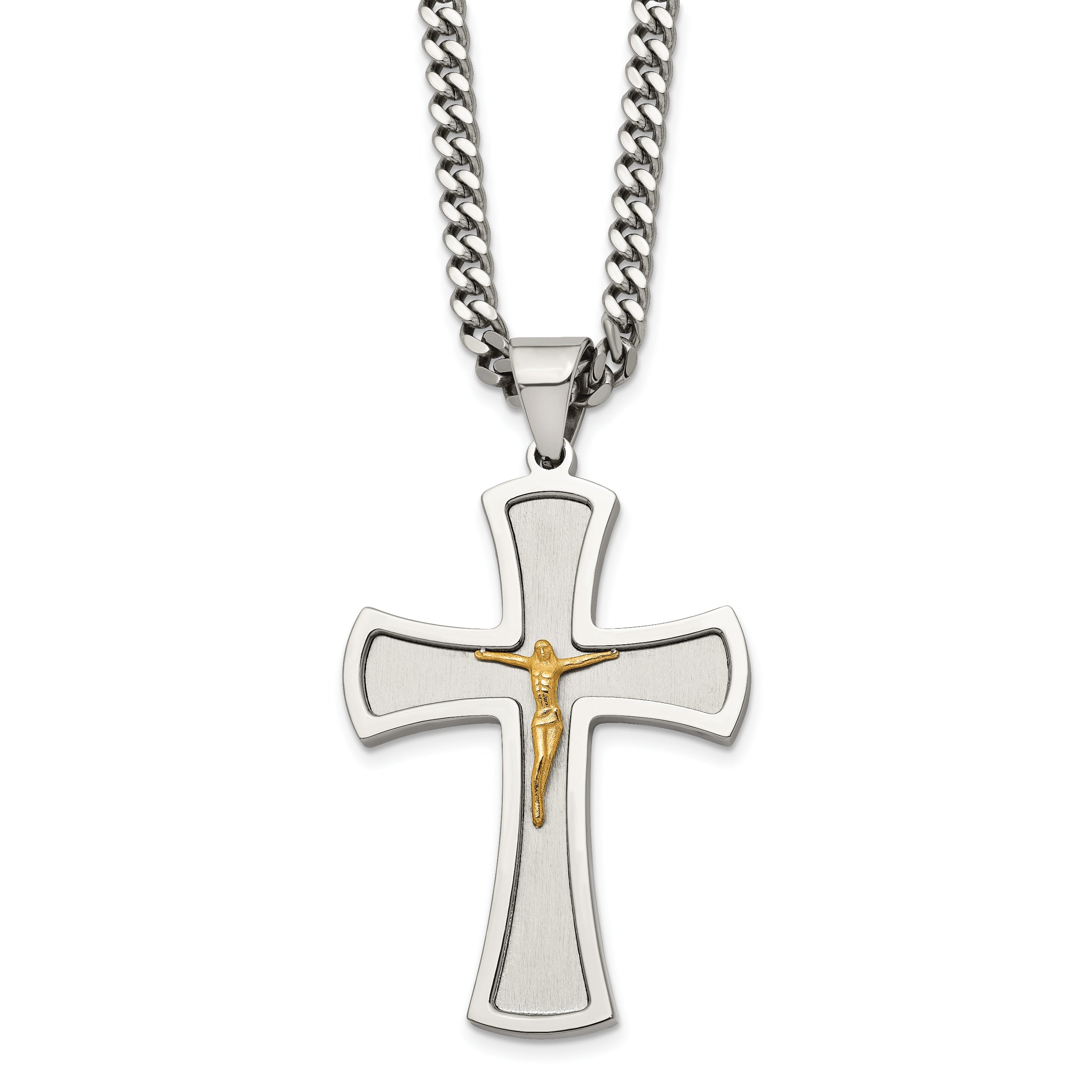 Chisel Stainless Steel Brushed and Polished Yellow IP-plated Crucifix Pendant on a 24 inch Curb Chain Necklace