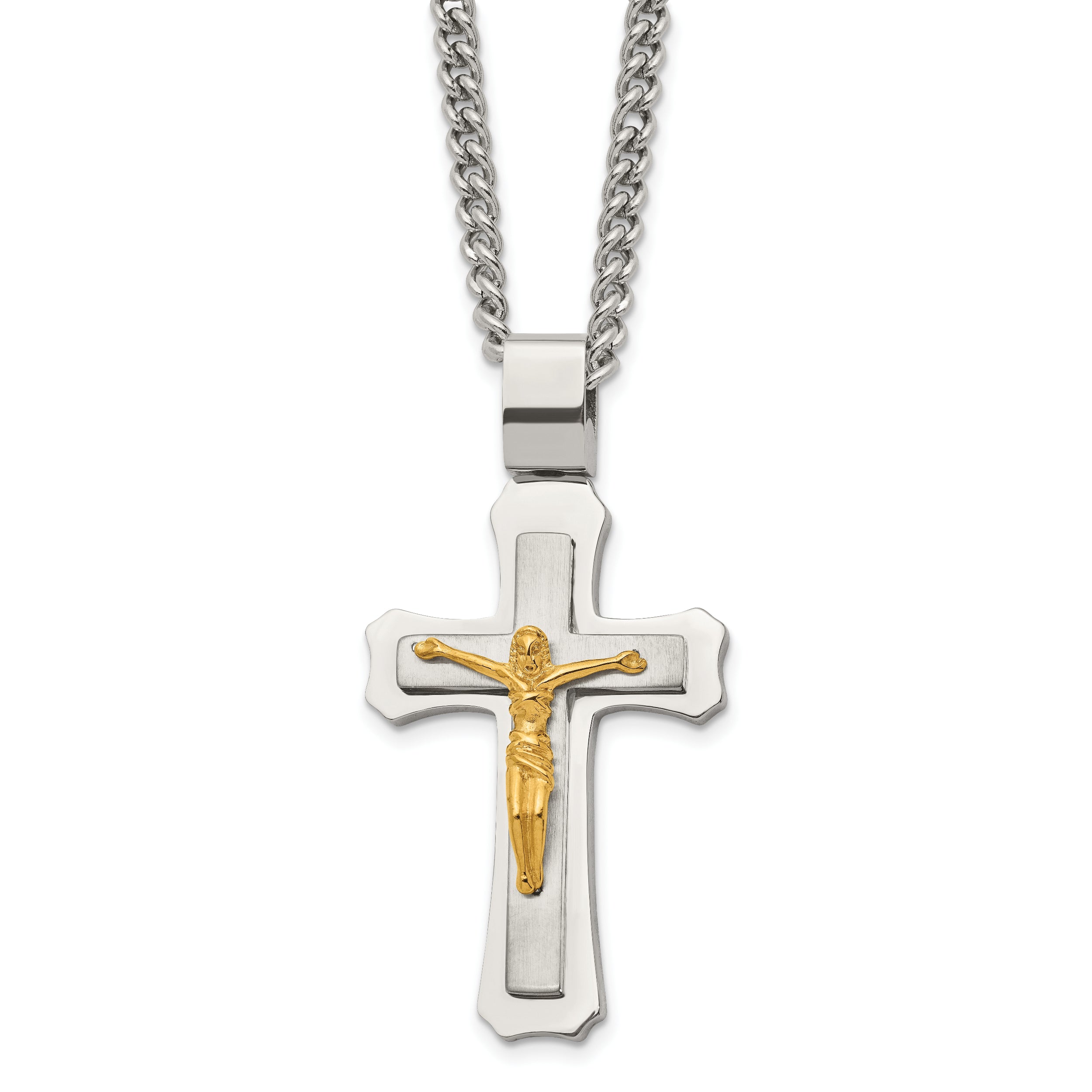 Chisel Stainless Steel Brushed and Polished Yellow IP-plated Crucifix Pendant on a 24 inch Curb Chain Necklace