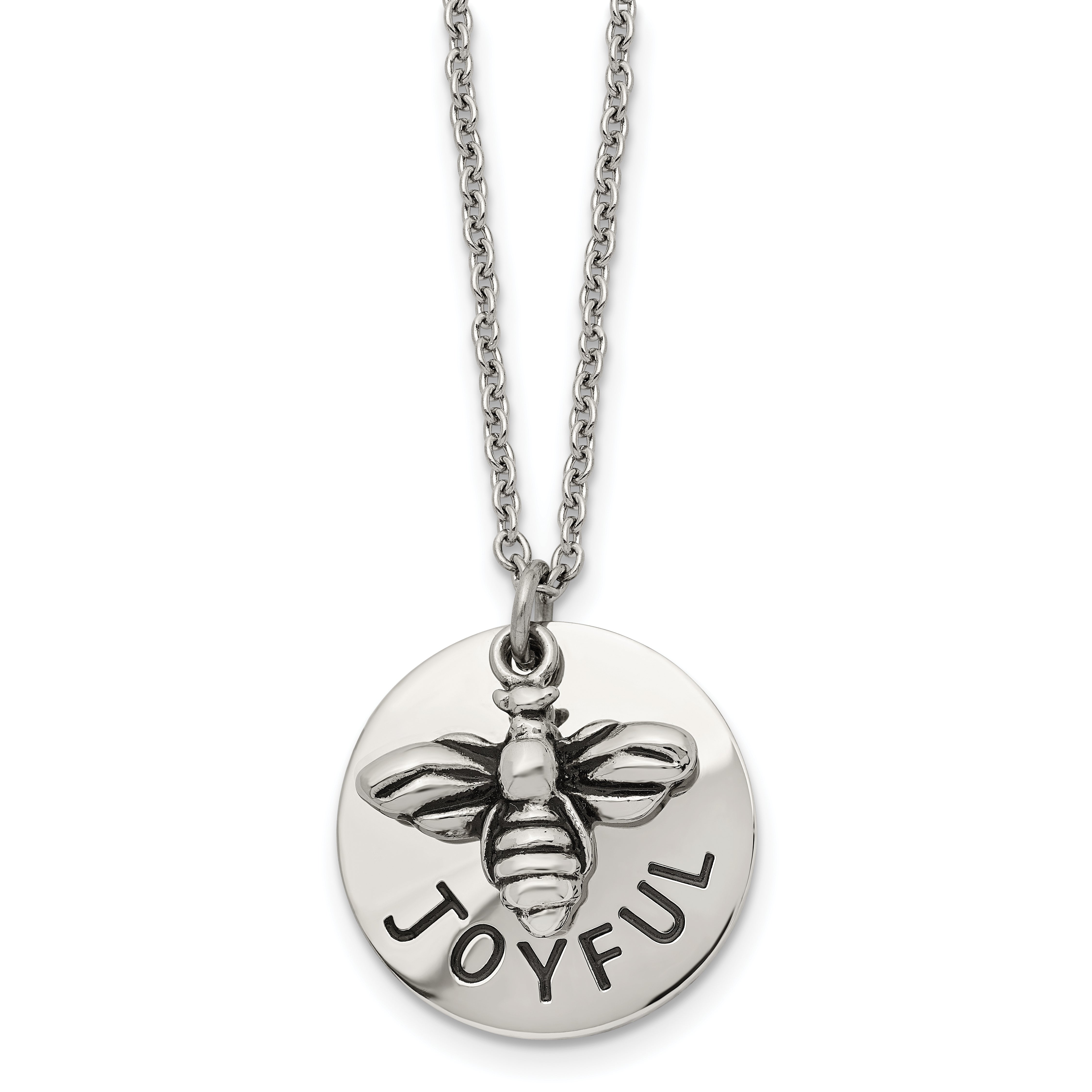 Chisel Stainless Steel Polished and Enameled JOYFUL Bumble Bee Pendant on a 22 inch Cable Chain Necklace