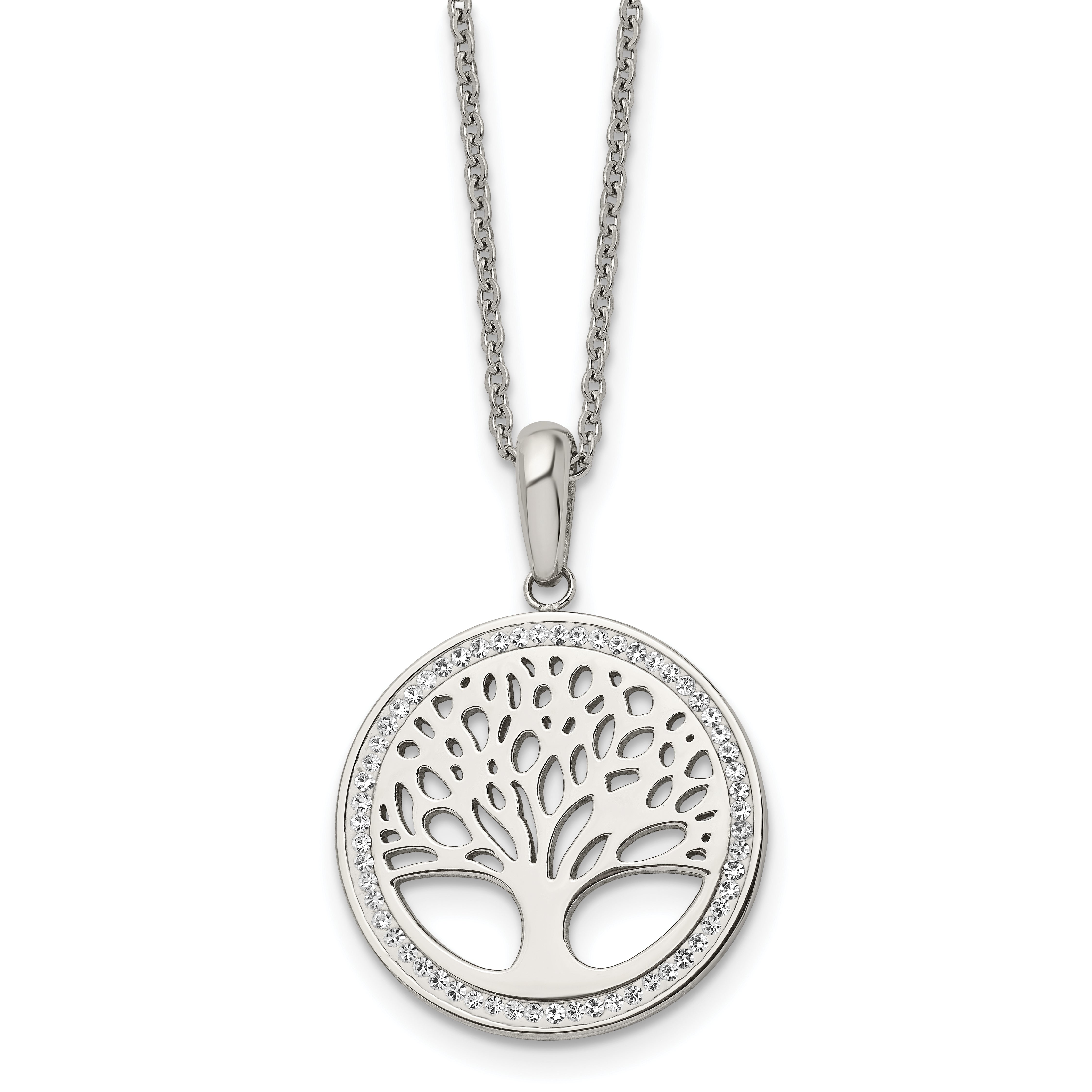Chisel Stainless Steel Polished with Preciosa Crystal Tree of Life Pendant on a 16 inch Cable Chain with 2 inch Extension Necklace