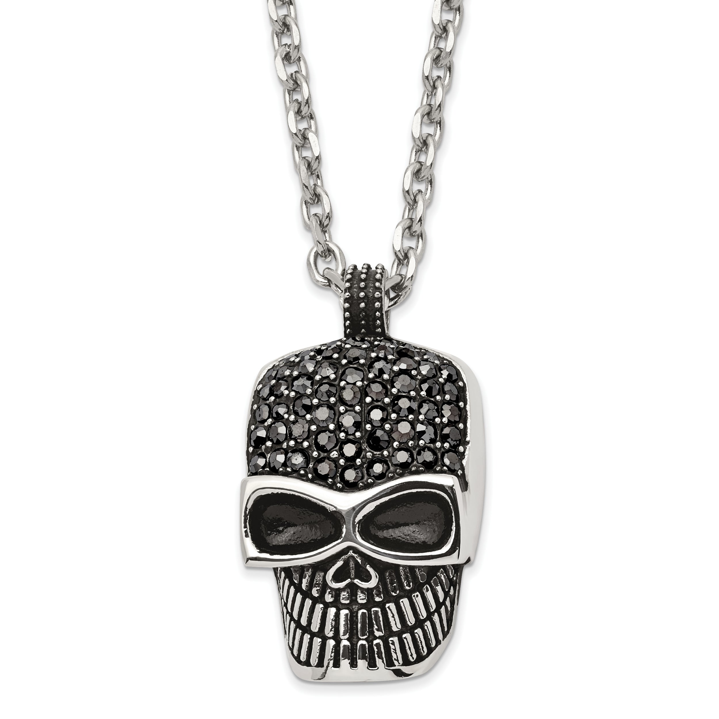 Chisel Stainless Steel Polished and Antiqued with Black Crystal Skull Pendant on a 25.5 inch Cable Chain Necklace