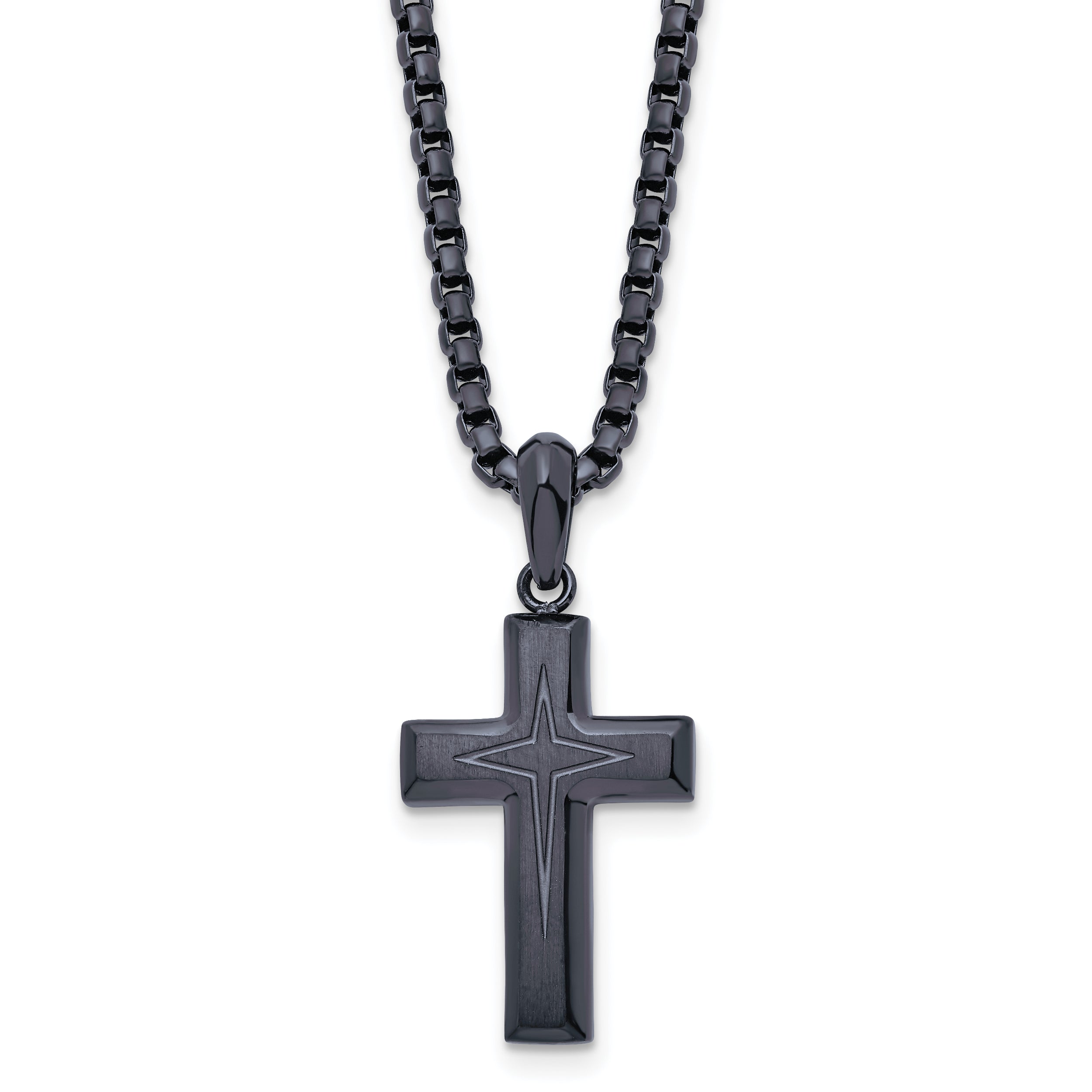 Chisel Stainless Steel Brushed and Polished Dark Grey IP-plated Cross Pendant on a 24 inch Box Chain Necklace