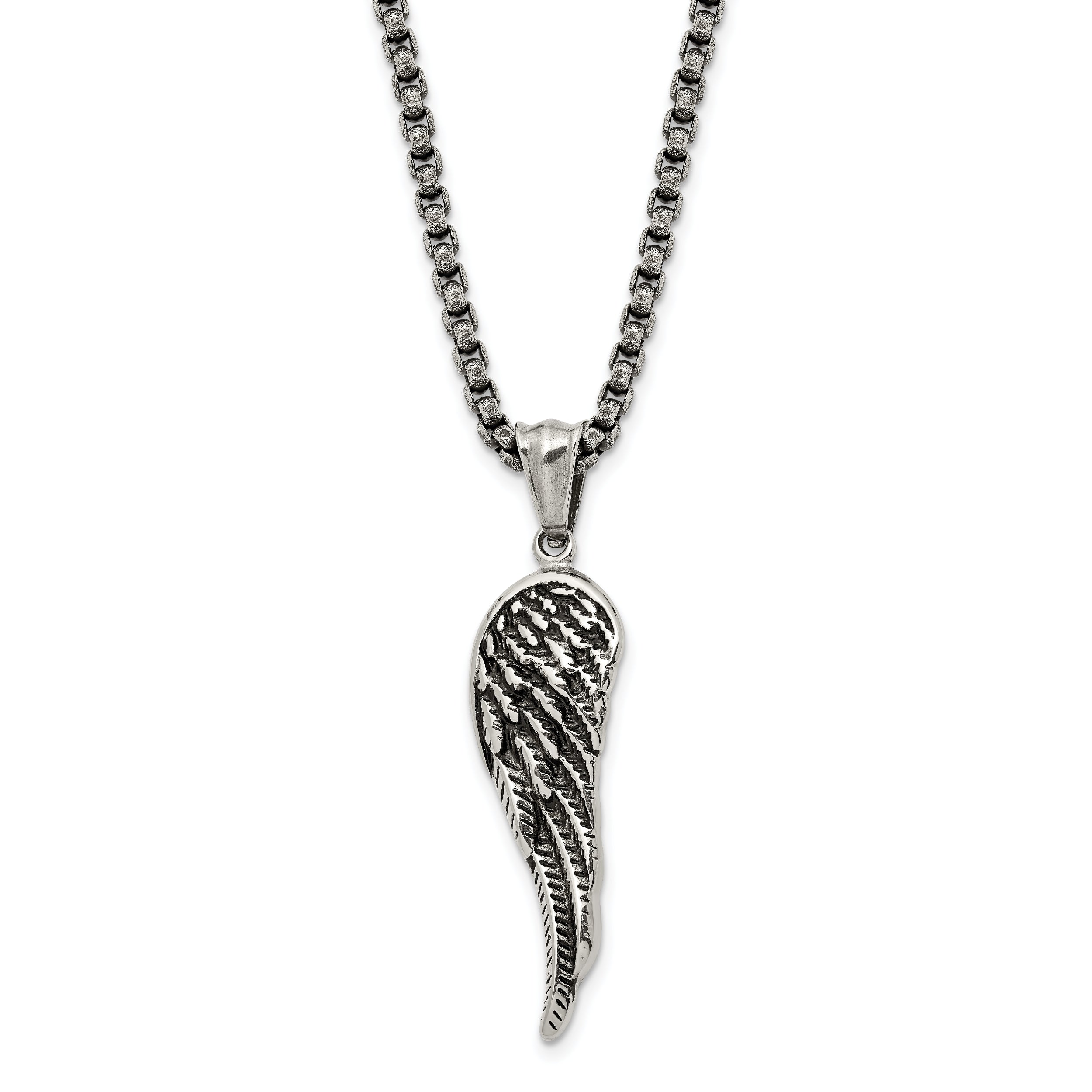 Chisel Stainless Steel Antiqued and Polished Angel Wing Pendant on a 23.5 inch Box Chain Necklace