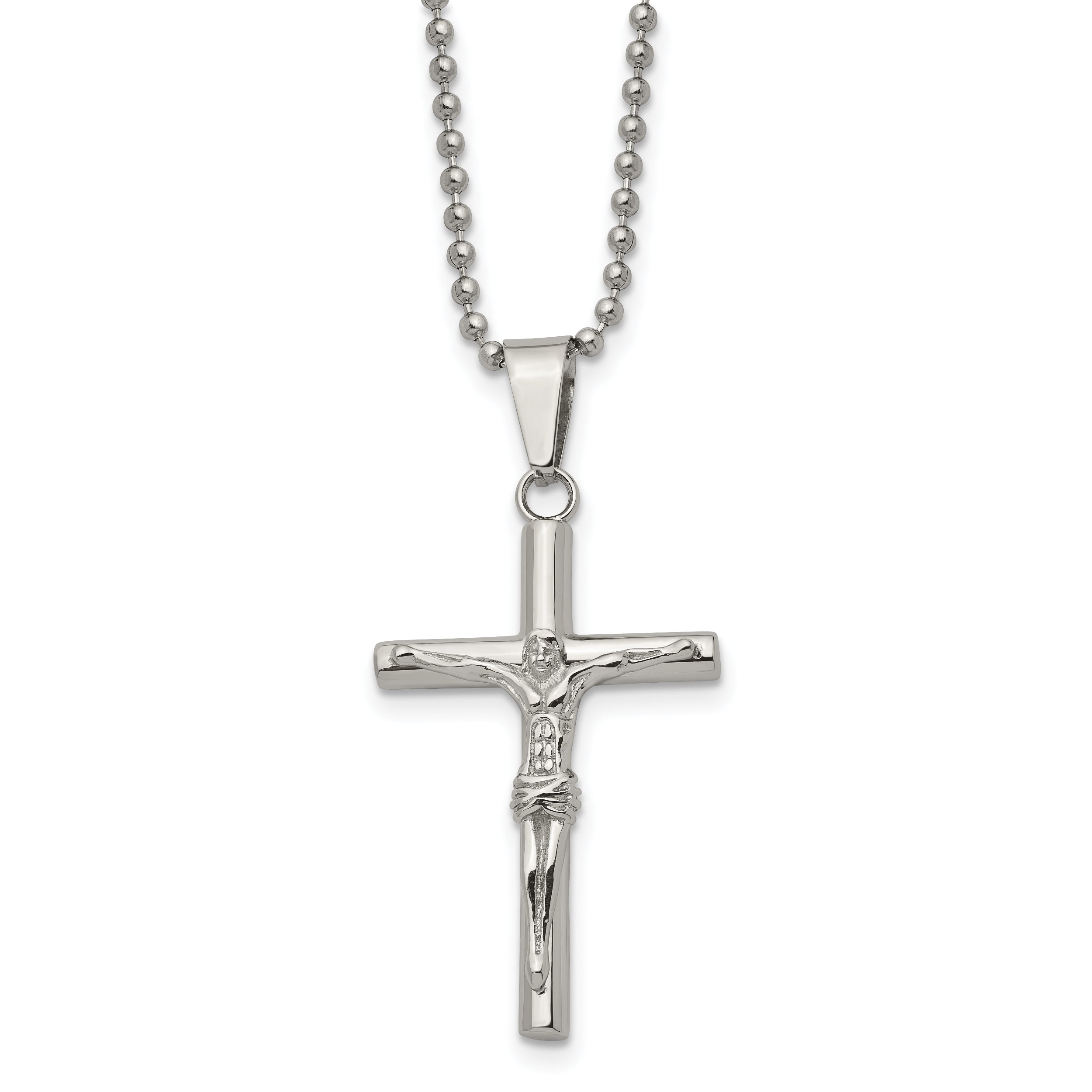 Chisel Stainless Steel Polished Crucifix Pendant on a 22 inch Ball Chain Necklace