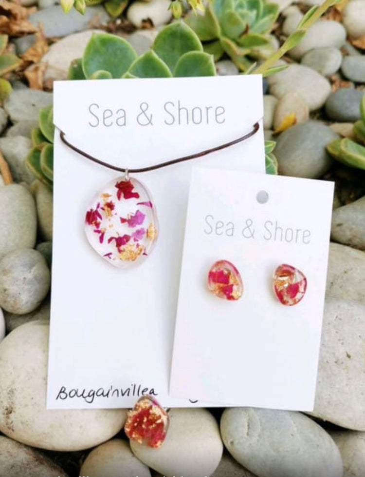 Bogainvillea & Gold Leaf Stud Earrings