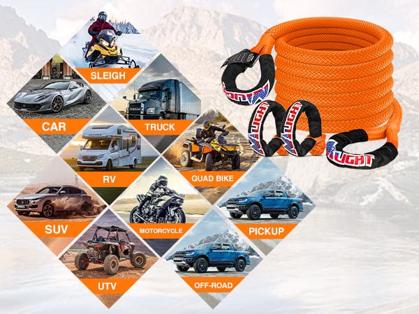 1in x 30ft Kinetic Recovery Rope & 2PCS 1/2 in x 24 in Soft Shackle Wid Application