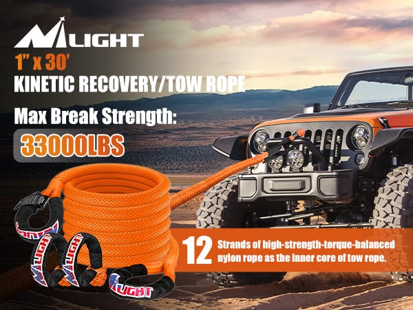 1in x 30ft Kinetic Recovery Rope & 2PCS 1/2 in x 24 in Soft Shackle 33000lbs