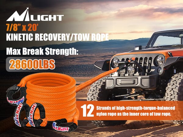 7/8in x 20ft Kinetic Recovery Rope & 2PCS 1/2 in x 24 in Soft Shackle 28600LBS