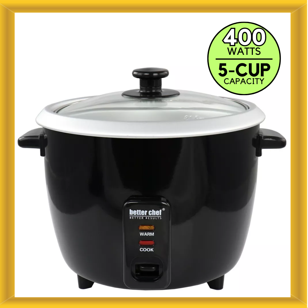Better Chef 8 Cup Automatic Rice Cooker in Black w/ Rice Paddle & Measuring Cup