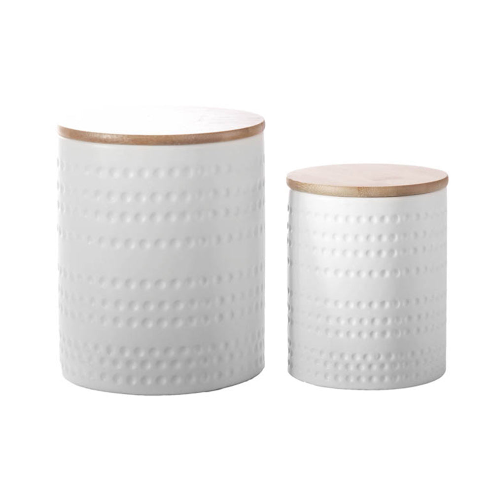 Ceramic Round Canister with Bamboo Lid and Dotted Pattern Design w/ Matte White Finish - Set of Two
