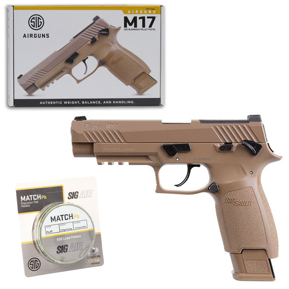 Sig Sauer M17 Semi Auto CO2 Blowback .177 Cal Pellet Coyote Tan Air Pistol w/ 500 Count Sig Air Match Lead Pellets