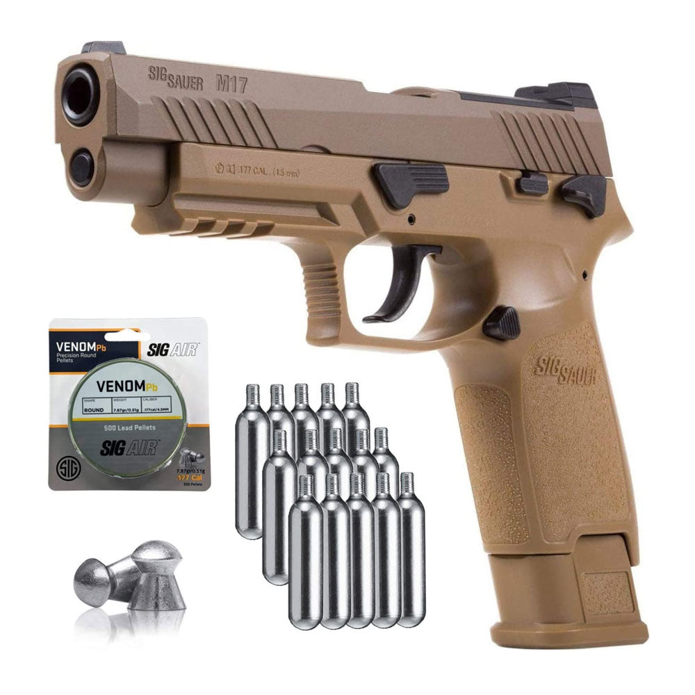 Sig Sauer M17 Semi Auto CO2 Blowback .177 Cal Pellet Coyote Tan Air Pistol w/ 500 Lead Pellets and 15 Pack 12g CO2 Cartridges