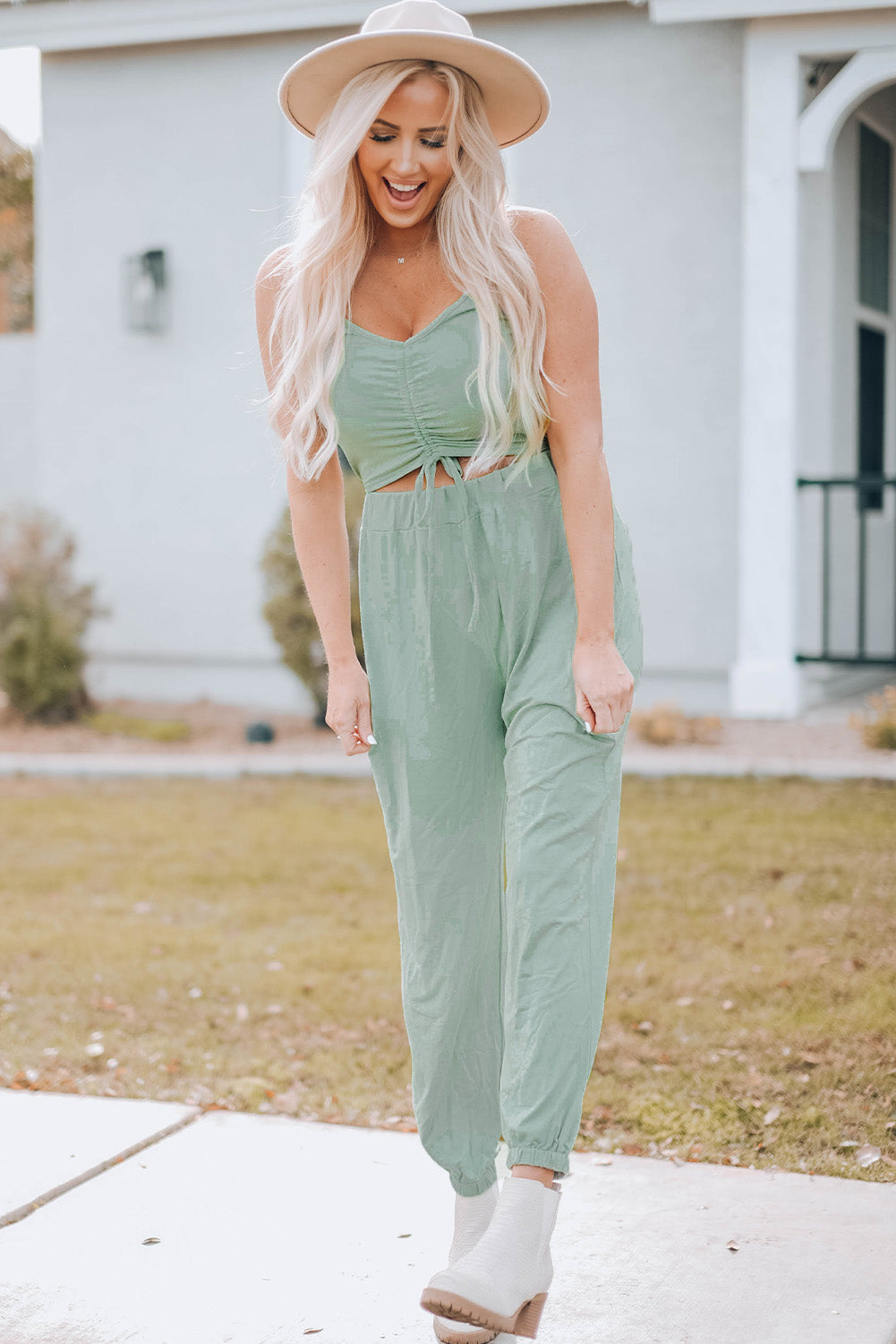 Ruched Front Spaghetti Strap Jumpsuit